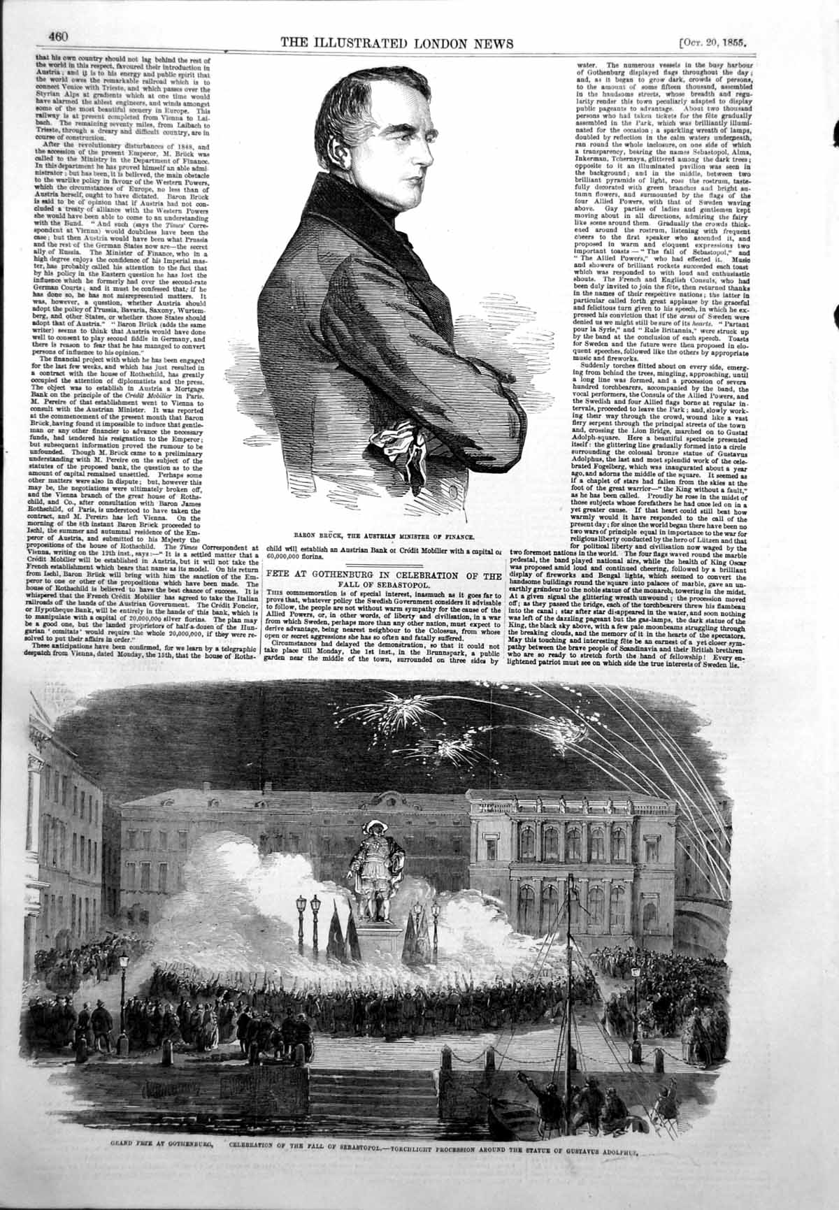 Antique Old Print Baron Bruck Austrian Minister Finance Fall Sebastopol 1855
