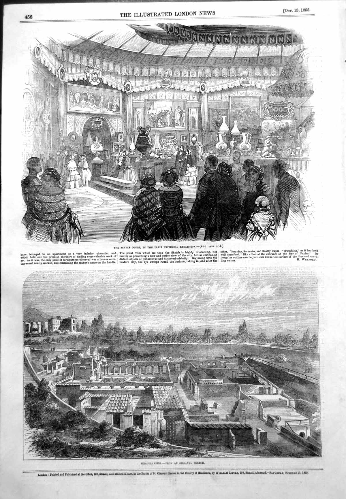 Antique Old Print Sevres Court Paris Universal Exhibition Herculaneum 1855 19th