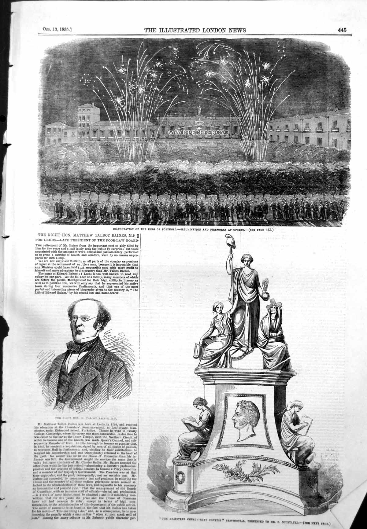 Antique Old Print Matthew Baines Mp Inauguration King Portugal Oporto 1855 19th