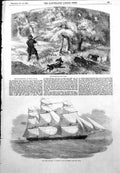 Antique Old Print Grouse Shooting Nova Scotia Ocean Monarch Liverpool 1855 19th