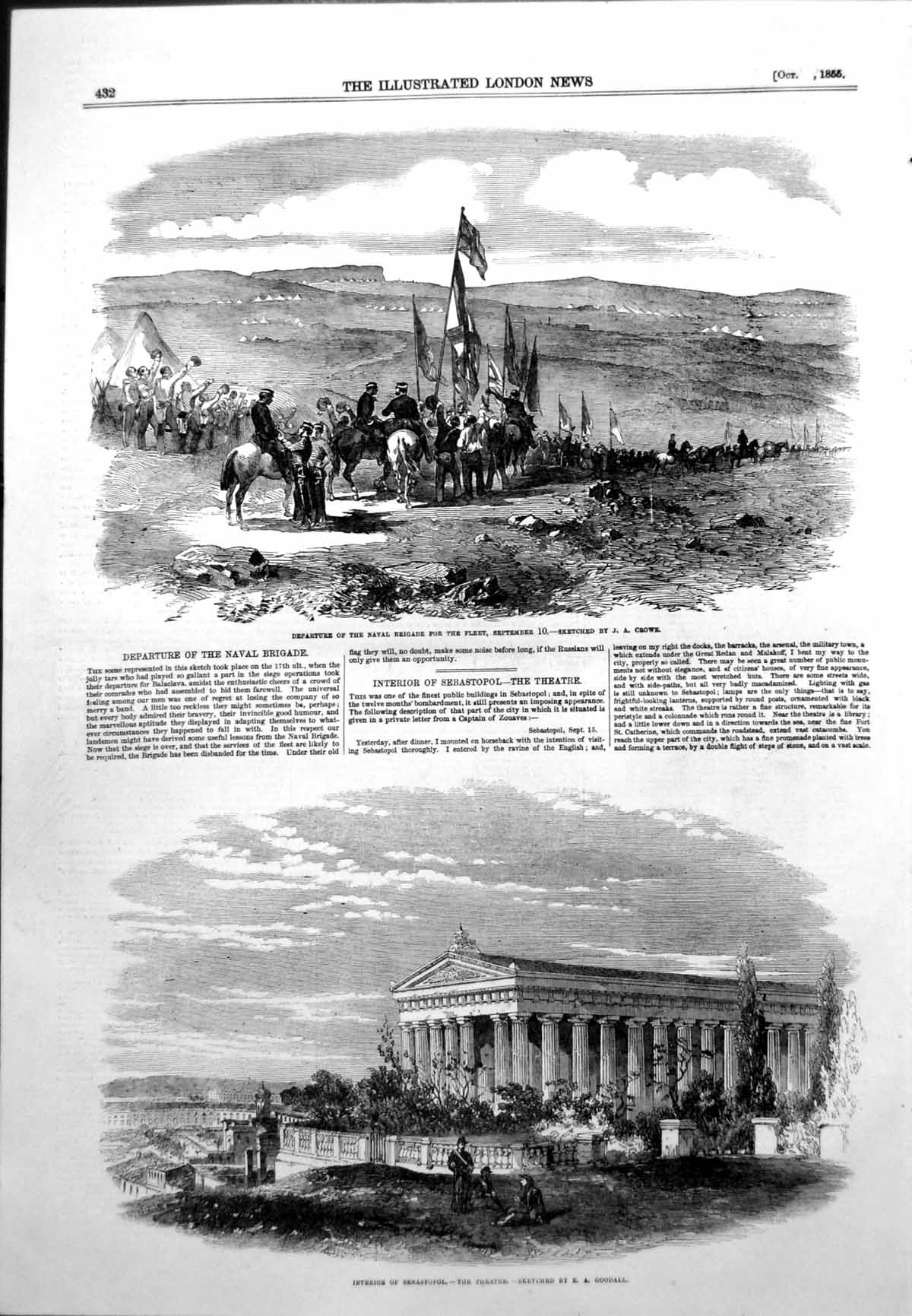 Antique Old Print Interior Sebastopol Theatre Naval Brigade Depart Fleet 1855