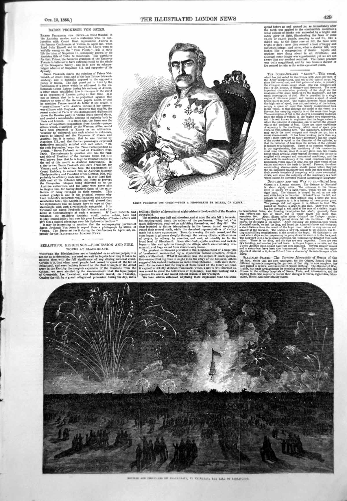 Old Antique Print Baron Prokesch Von Osten Bonfire Fall Sebastopol 1855 19th