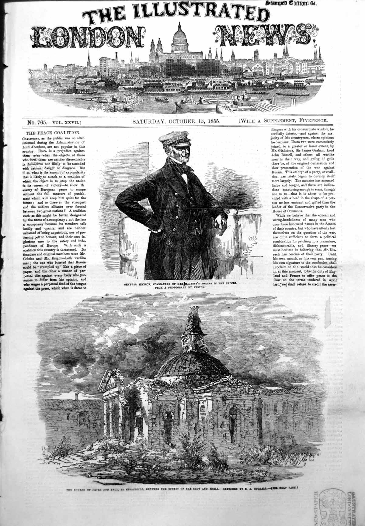 Antique Old Print Gen Simpson Commander Crimea Church Sebastopol Shell 1855