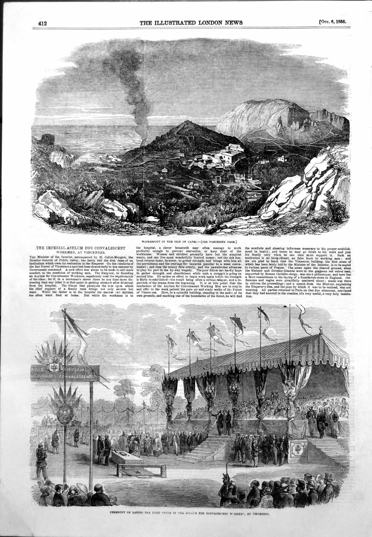 Antique Print Waterspout Isle Capri Stone Asylum Convalescent Workmen 1855 19th