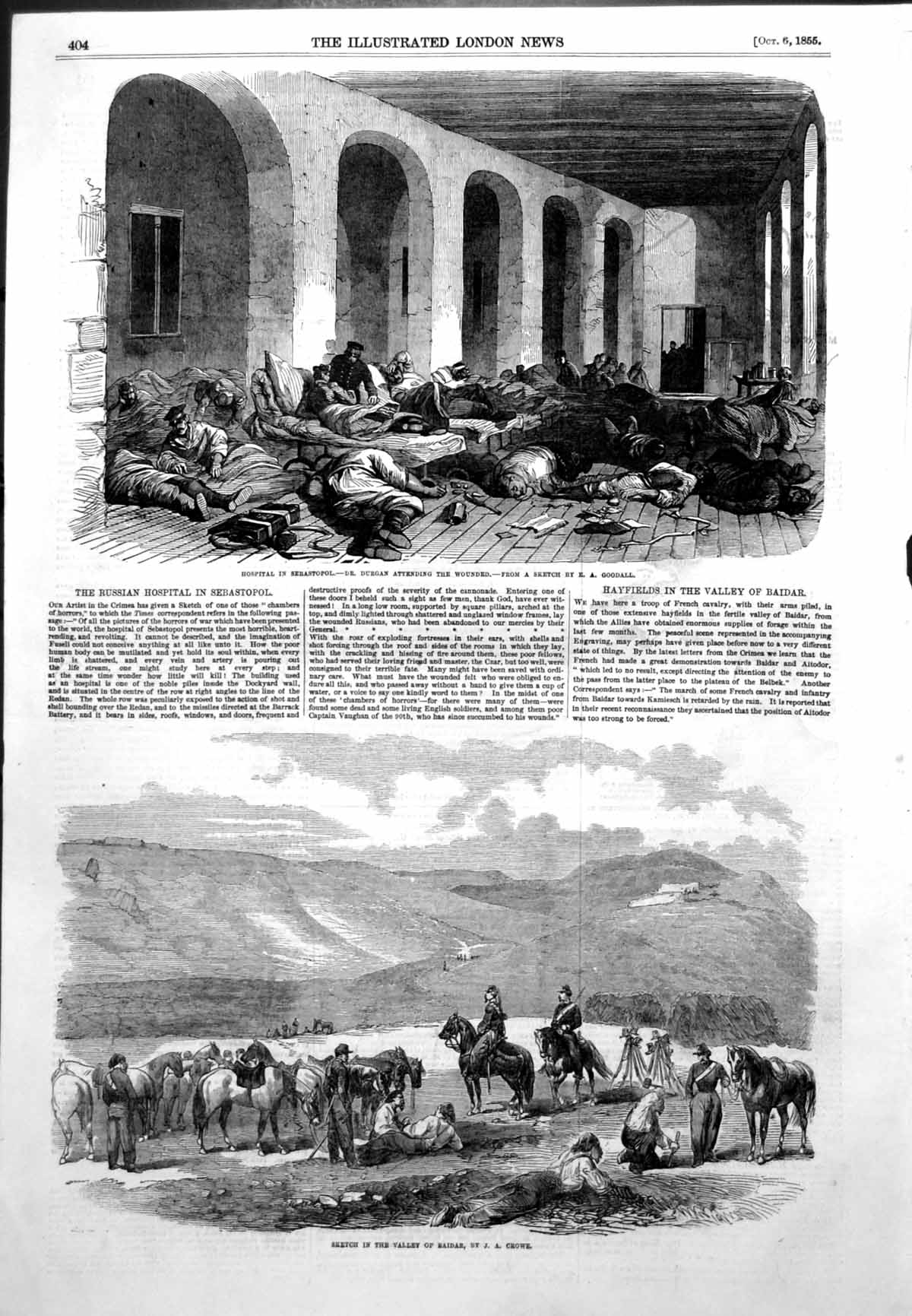 Antique Old Print Hospital Sebastopol Dr Durgan Wounded Valley Baidar 1855 19th