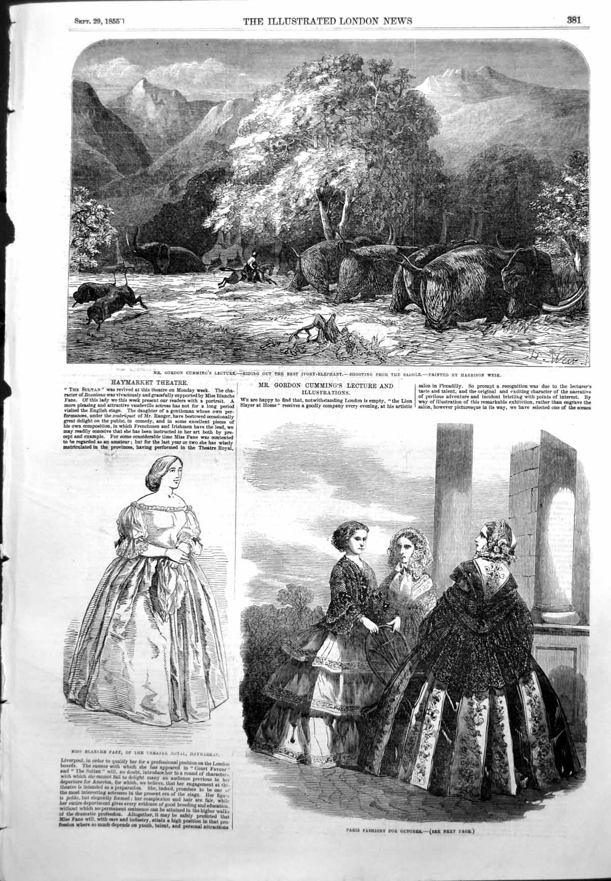 Antique Print Gordon Cumming Lecture Best Ivory Elephant Shoot Saddle 1855 19th