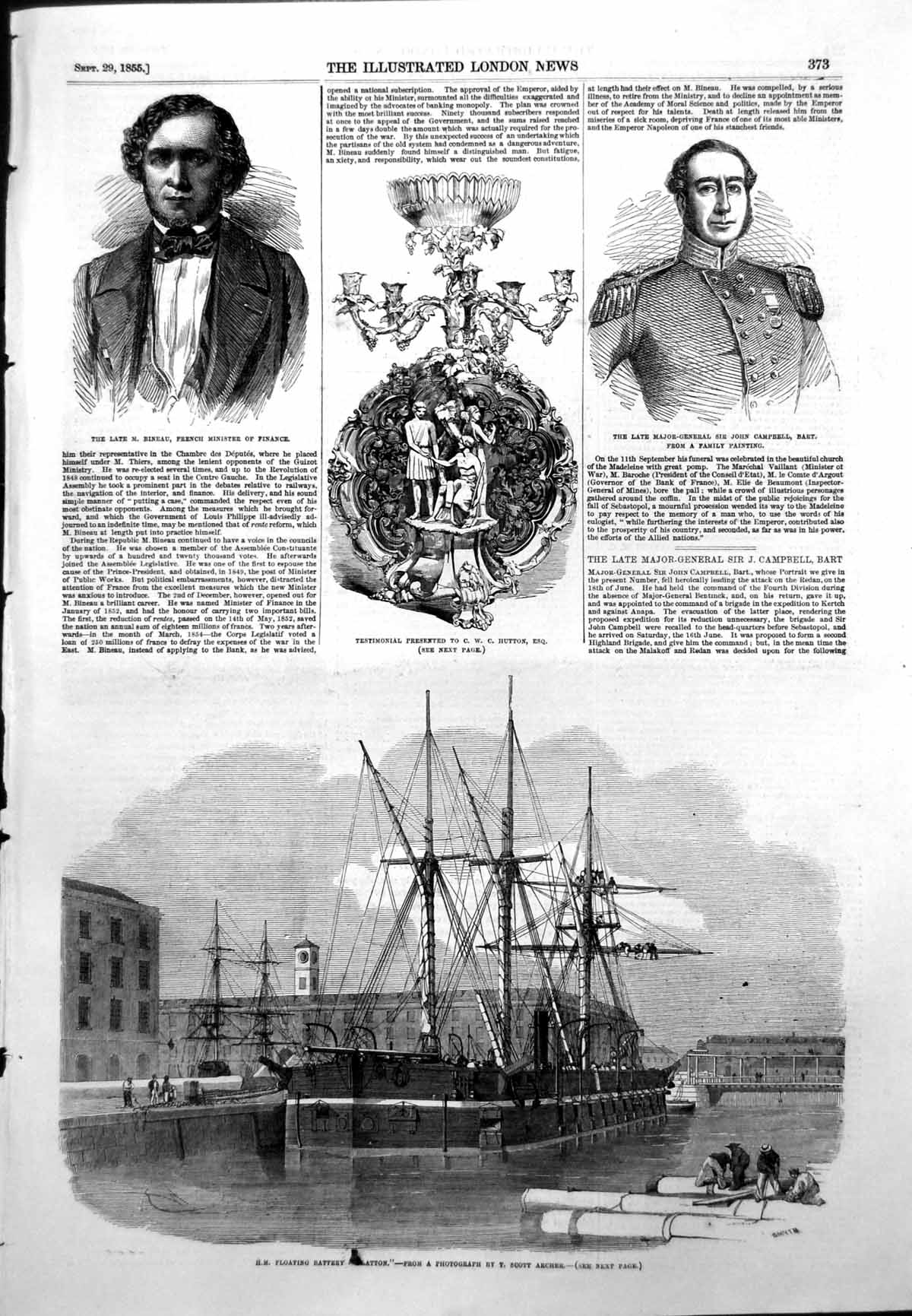 Antique Old Print Testimonial C Hutton Sir John Campbell M Bineau French 1855