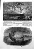 Original Old Antique Print Burning Santa Maria Frigate Sebastopol Harbour 1855