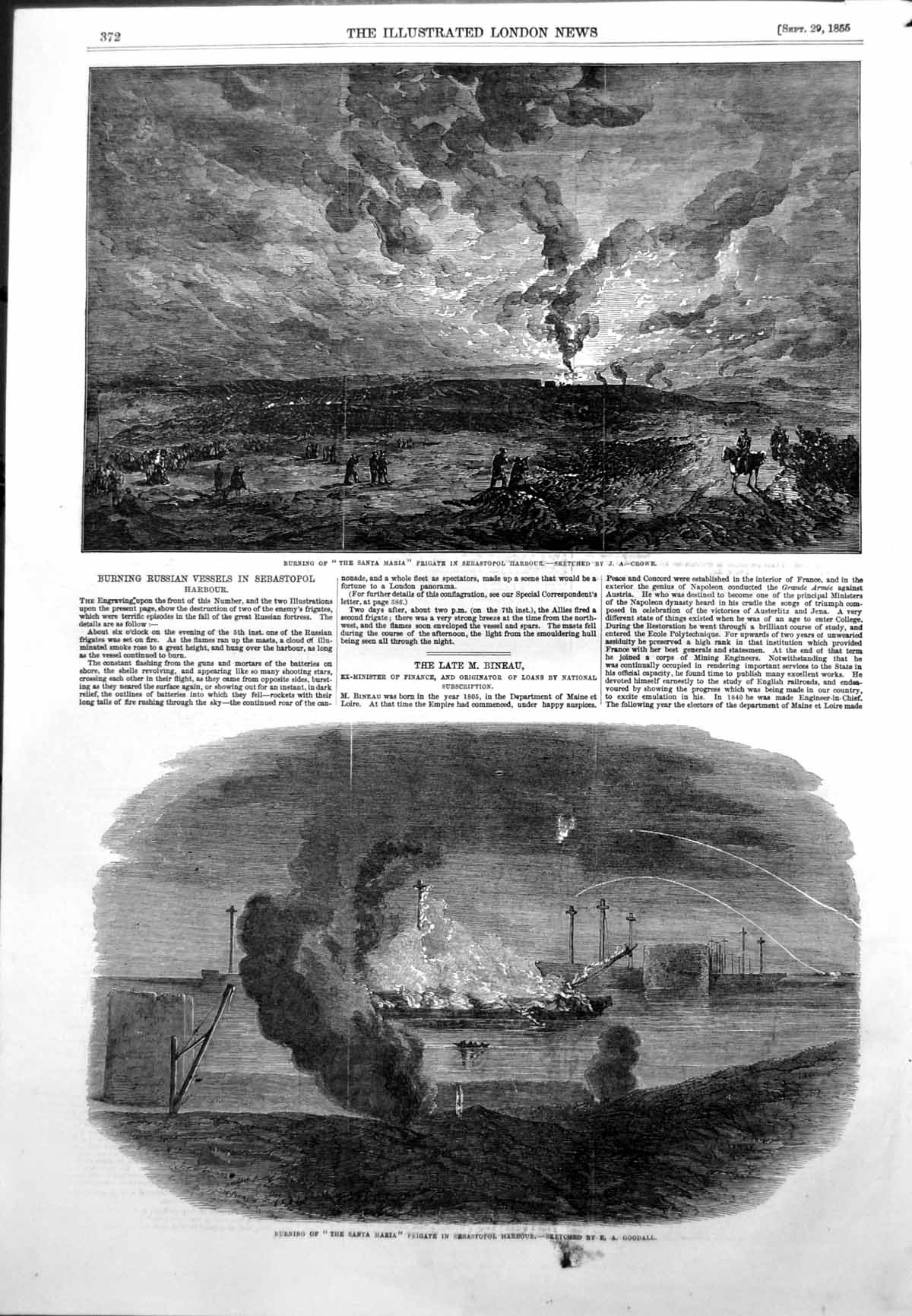 Original Old Antique Print Burning Santa Maria Frigate Sebastopol Harbour 1855