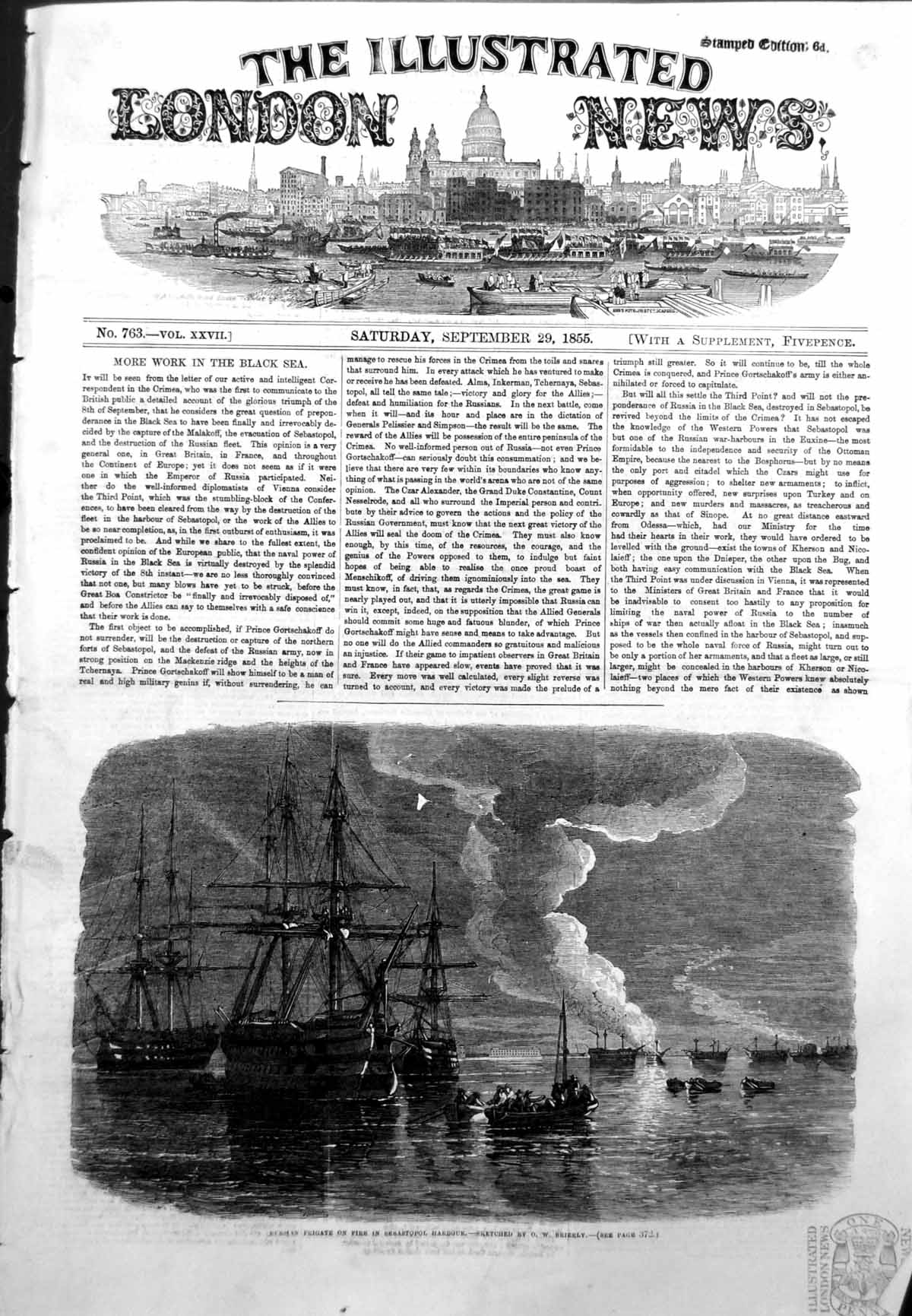 Antique Old Print Russian Frigate On Fire Sebastopol Harbour Ow Brierly 1855
