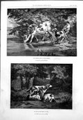 Original Old Antique Print Watering Place Rosa Bonheur Dogs In Forest Diaz 1855