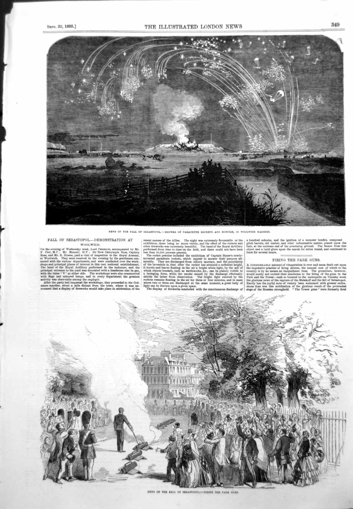 Old Print Fall Sebastopol Firing Park Guns Rockets Bonfire Woolwich 1855 19th