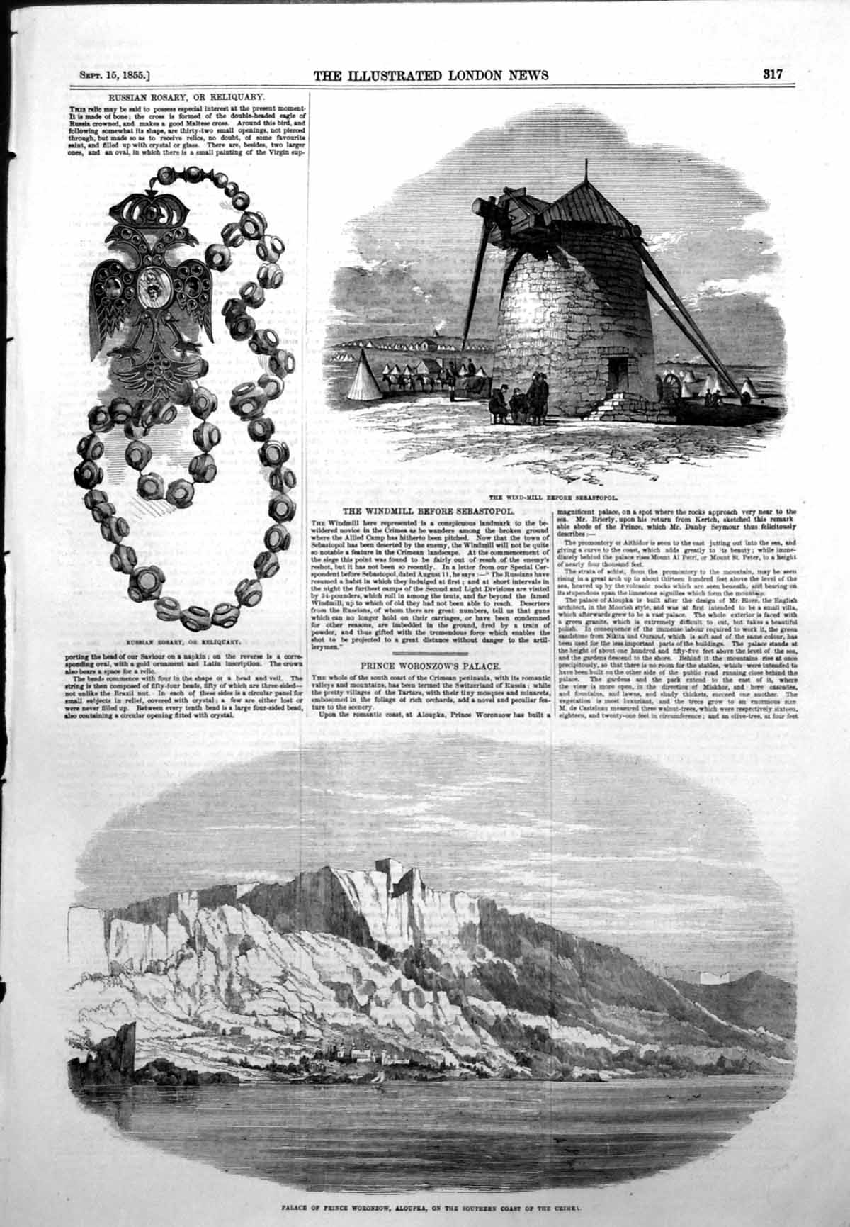 Original Old Antique Print Palace Prince Woronzow Aloupka Crimea Windmill 1855