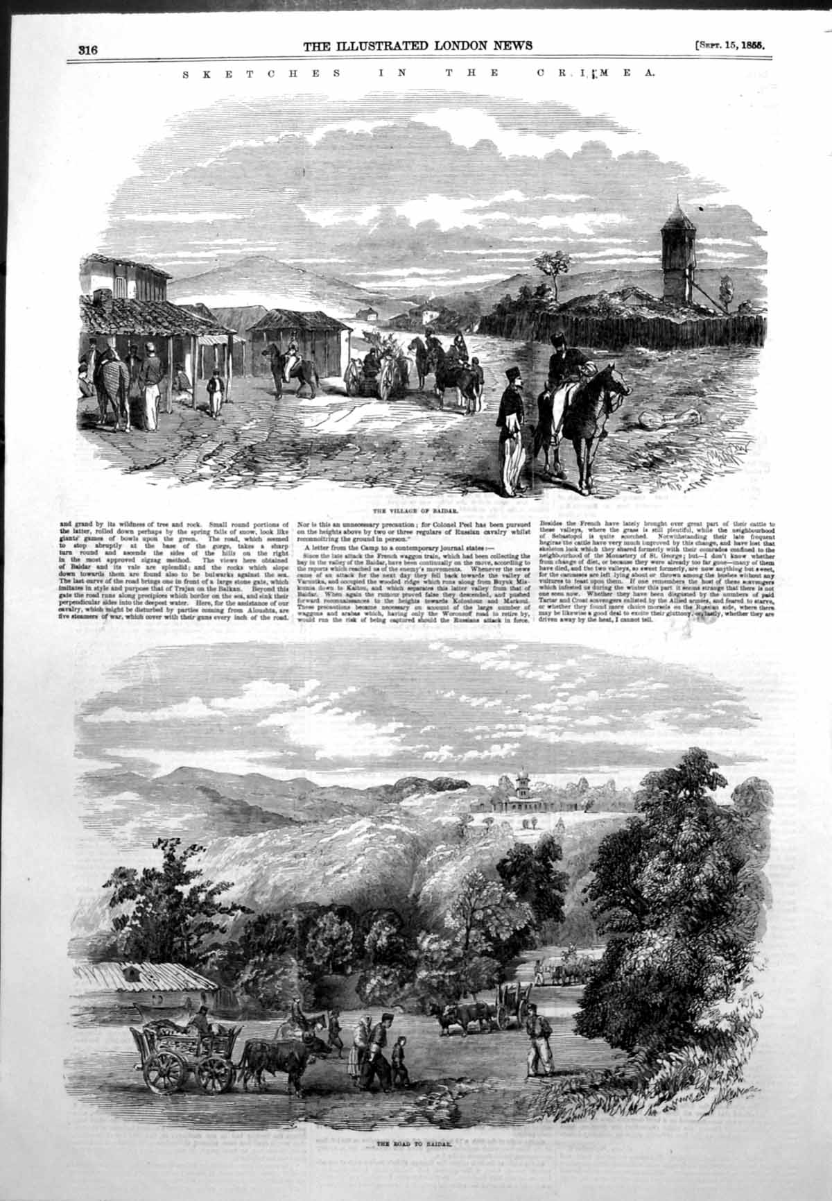 Original Old Antique Print Village Baidar Horses Cattle Road Baidar Crimea 1855