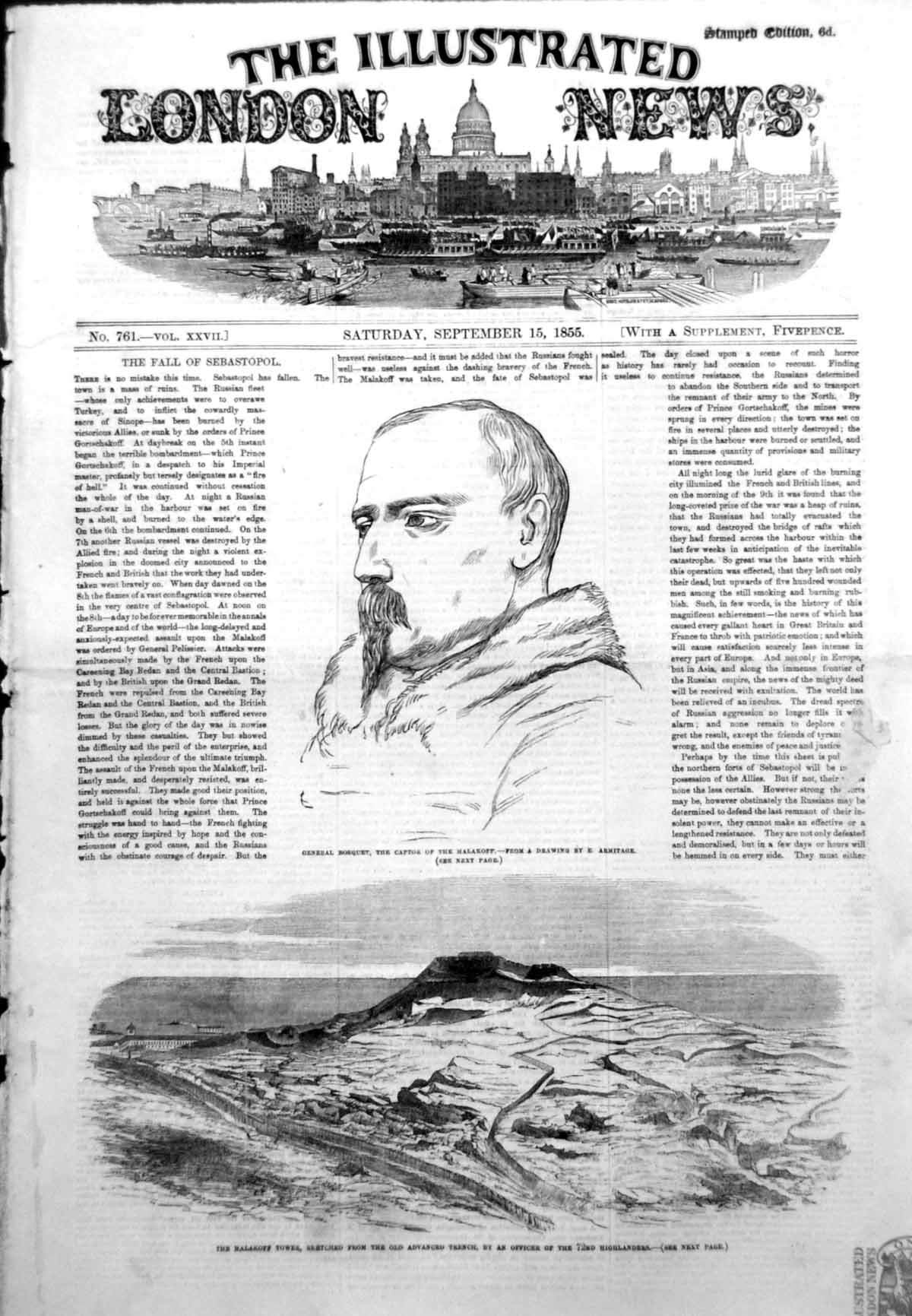 Antique Old Print General Bosquet Captor Malakoff Tower Advanced Trench 1855