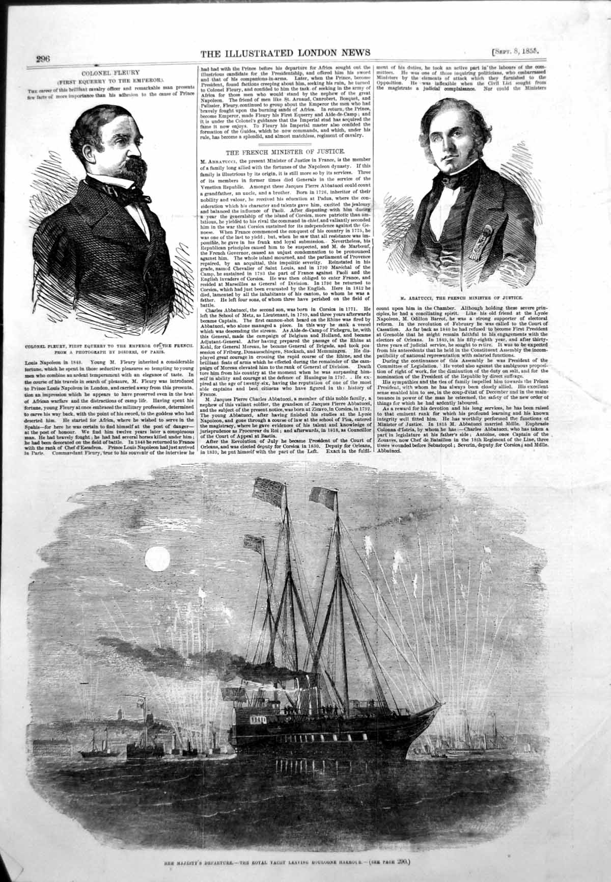 Antique Old Print Colonel Fleury M Abatucci Queen Royal Yacht Boulogne 1855