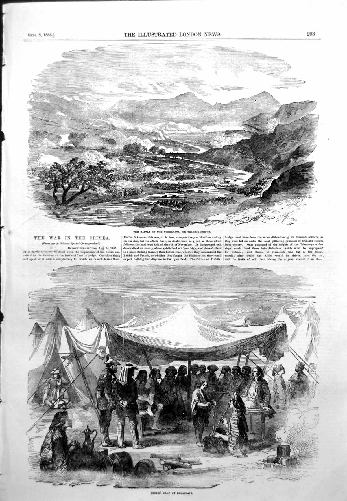 Antique Old Print Battle Tchernaya Traktir Bridge Croats Camp Balaclava 1855