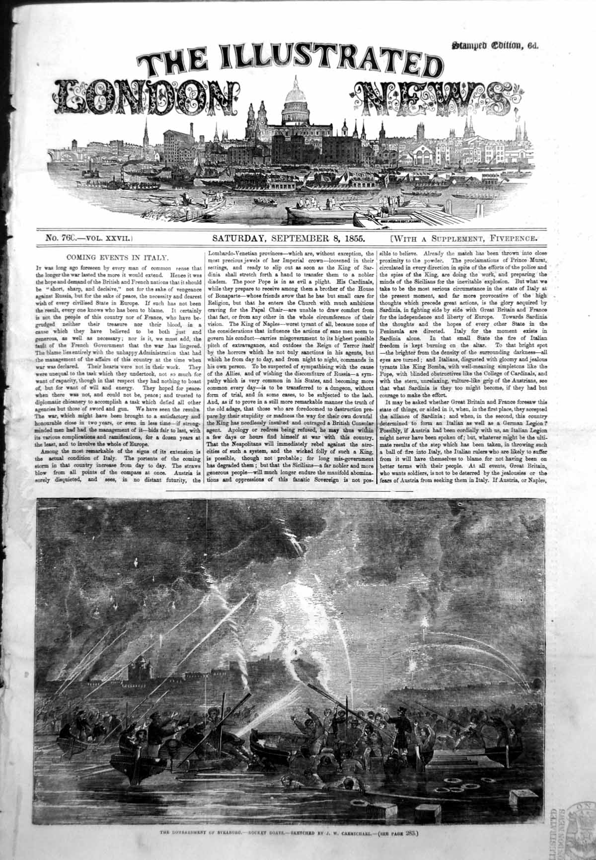 Original Old Antique Print Bombardment Sveaborg Rocket Boats Jw Carmichael 1855