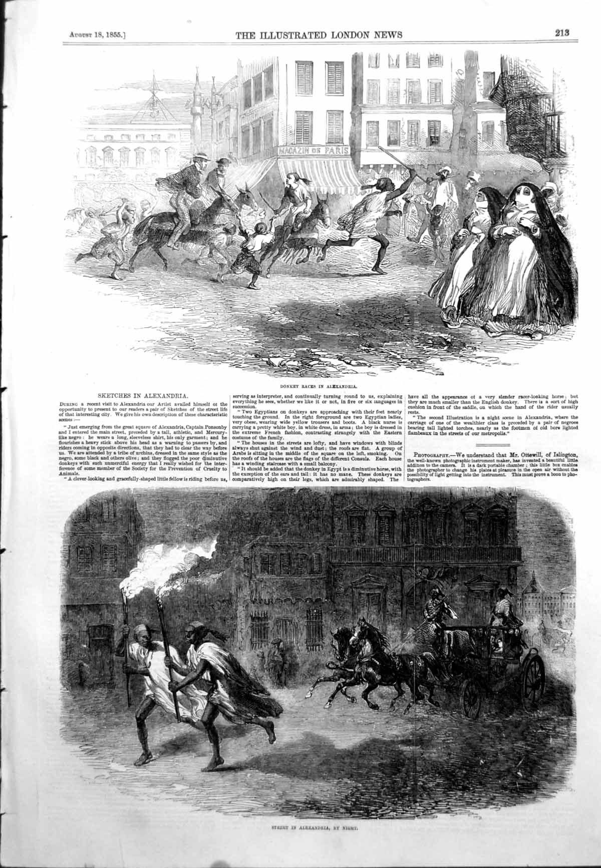 Original Old Antique Print Donkey Races Alexandria Street Alexandria Night 1855