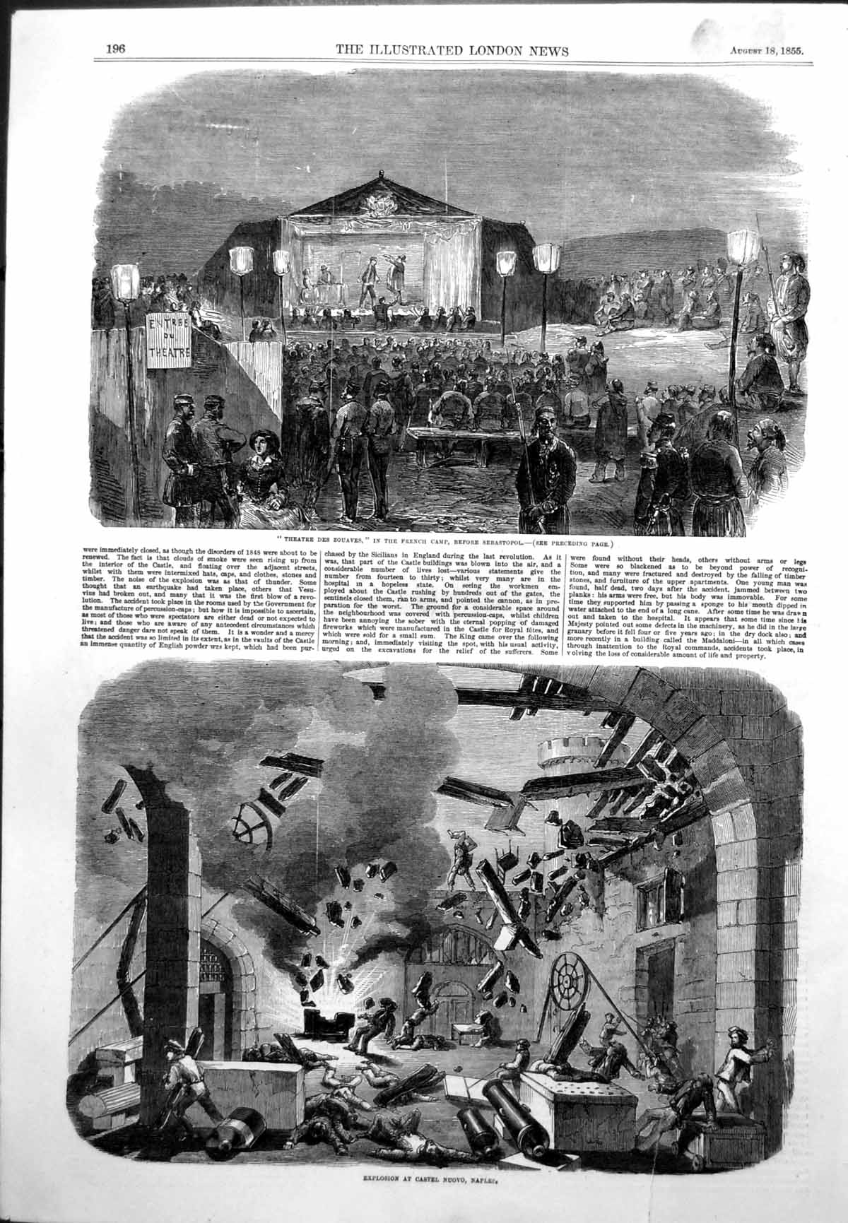 Antique Print Explosion Castel Nuovo Naples Theatre Des Zouaves French 1855