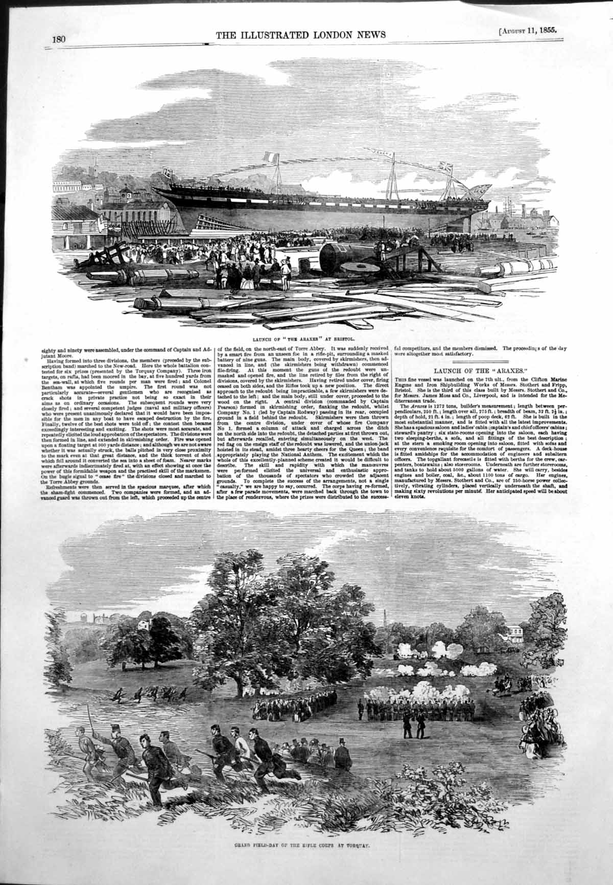 Antique Old Print Launch Araxes Bristol Field Day Rifle Corps Torquay 1855 19th