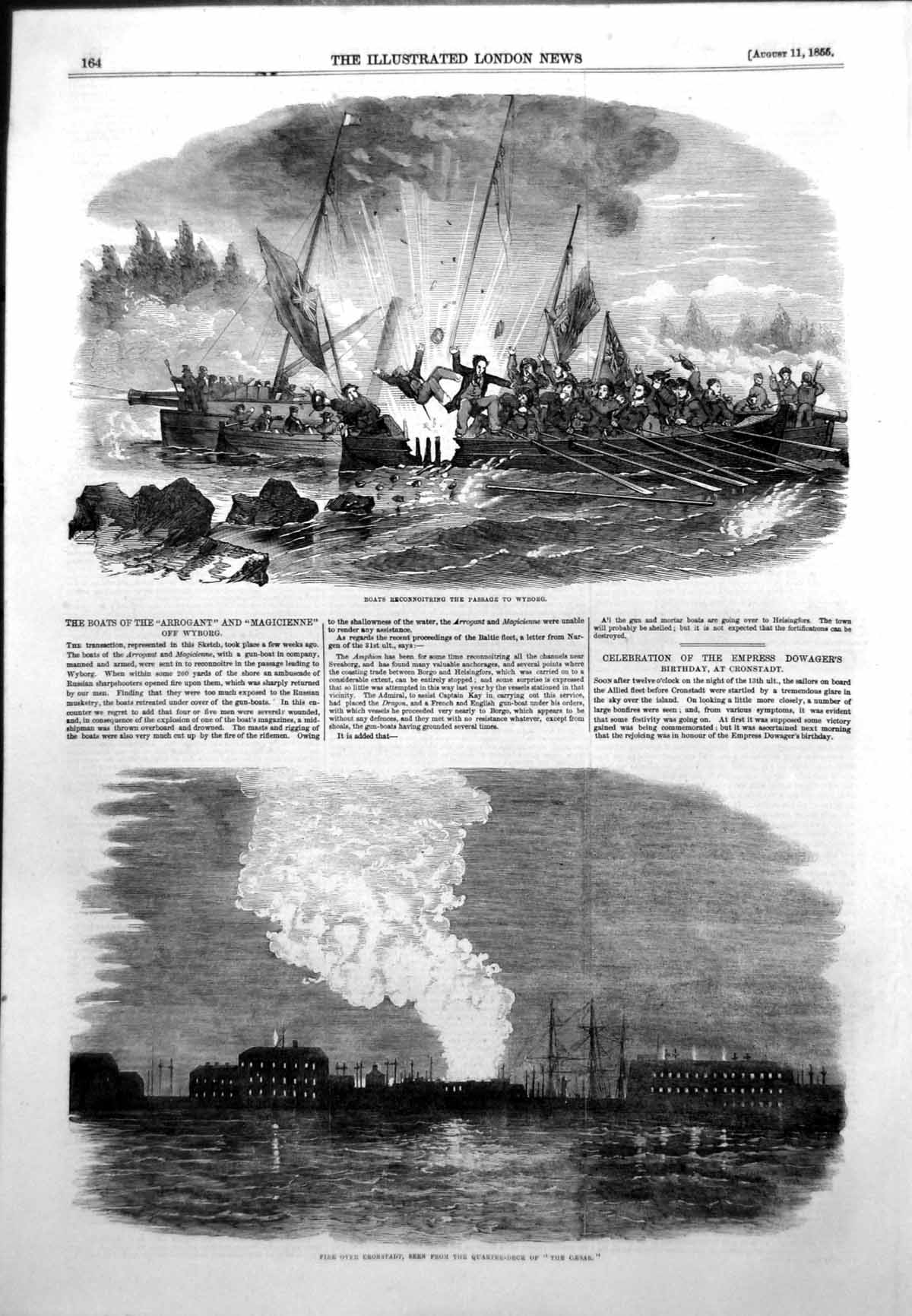 Old Antique Print Boats Reconnoitring Passage Wyborg Fire Cronstadt 1855 19th