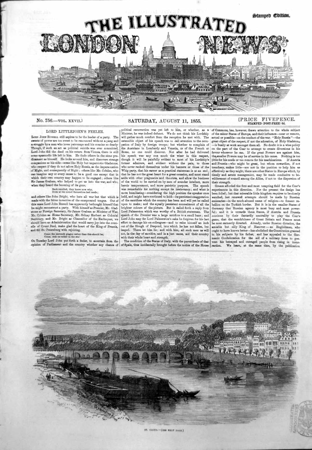 Old Antique Print Town St Cloud Palace Residence Queen Visit Paris 1855 19th
