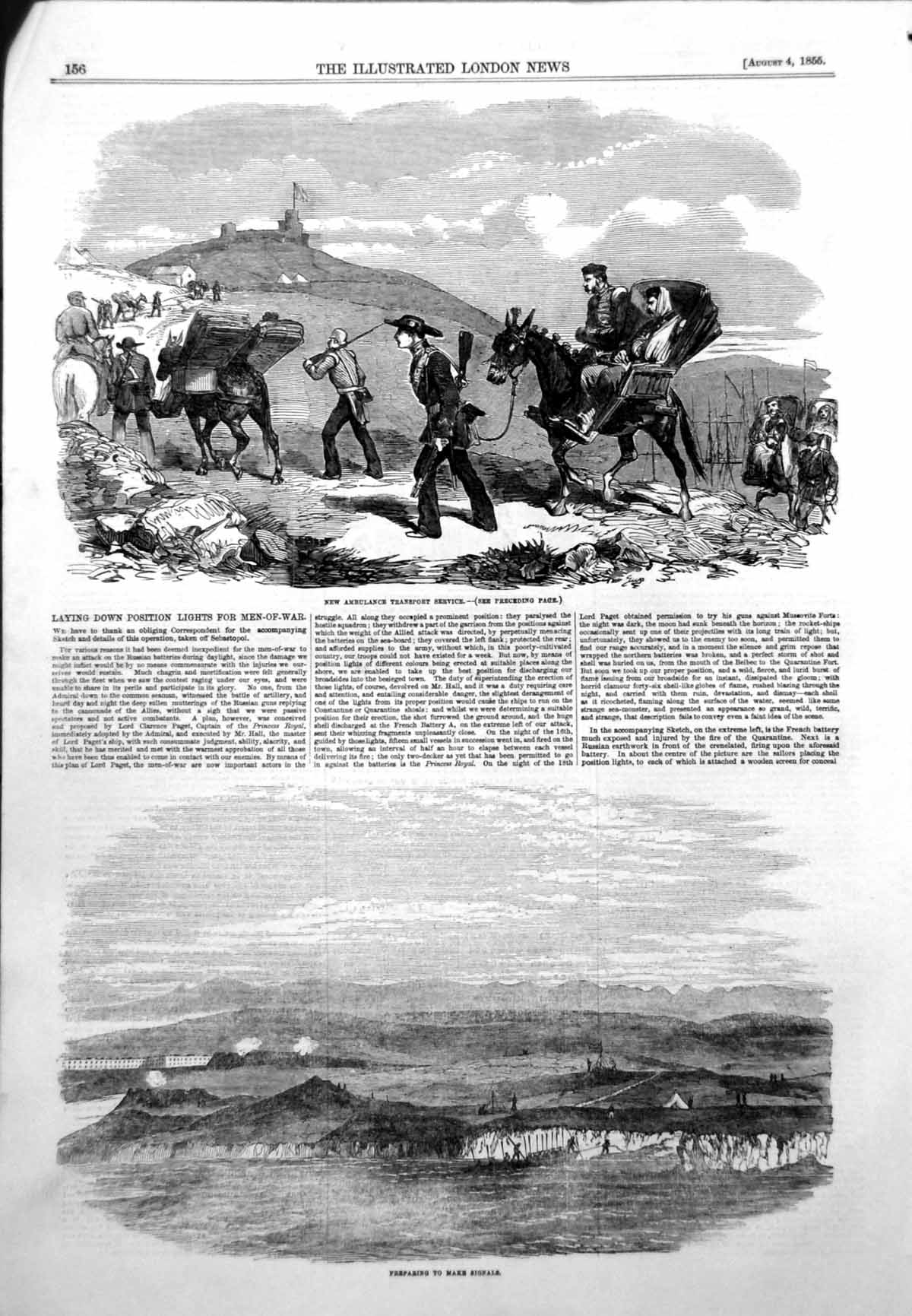 Antique Old Print New Ambulance Transport Service Preparing Make Signals 1855