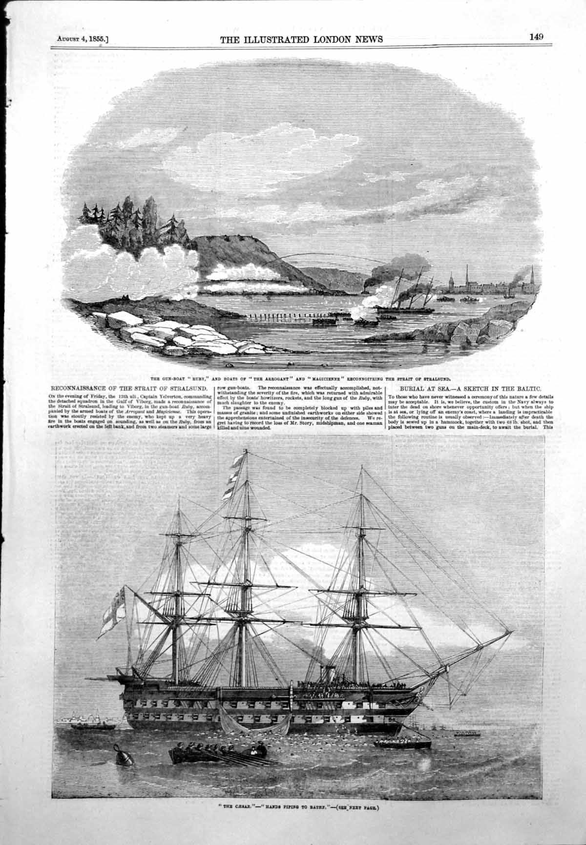 Antique Old Print Gun Boats Strait Stralsund Ruby Arrogant Magicienne 1855 19th