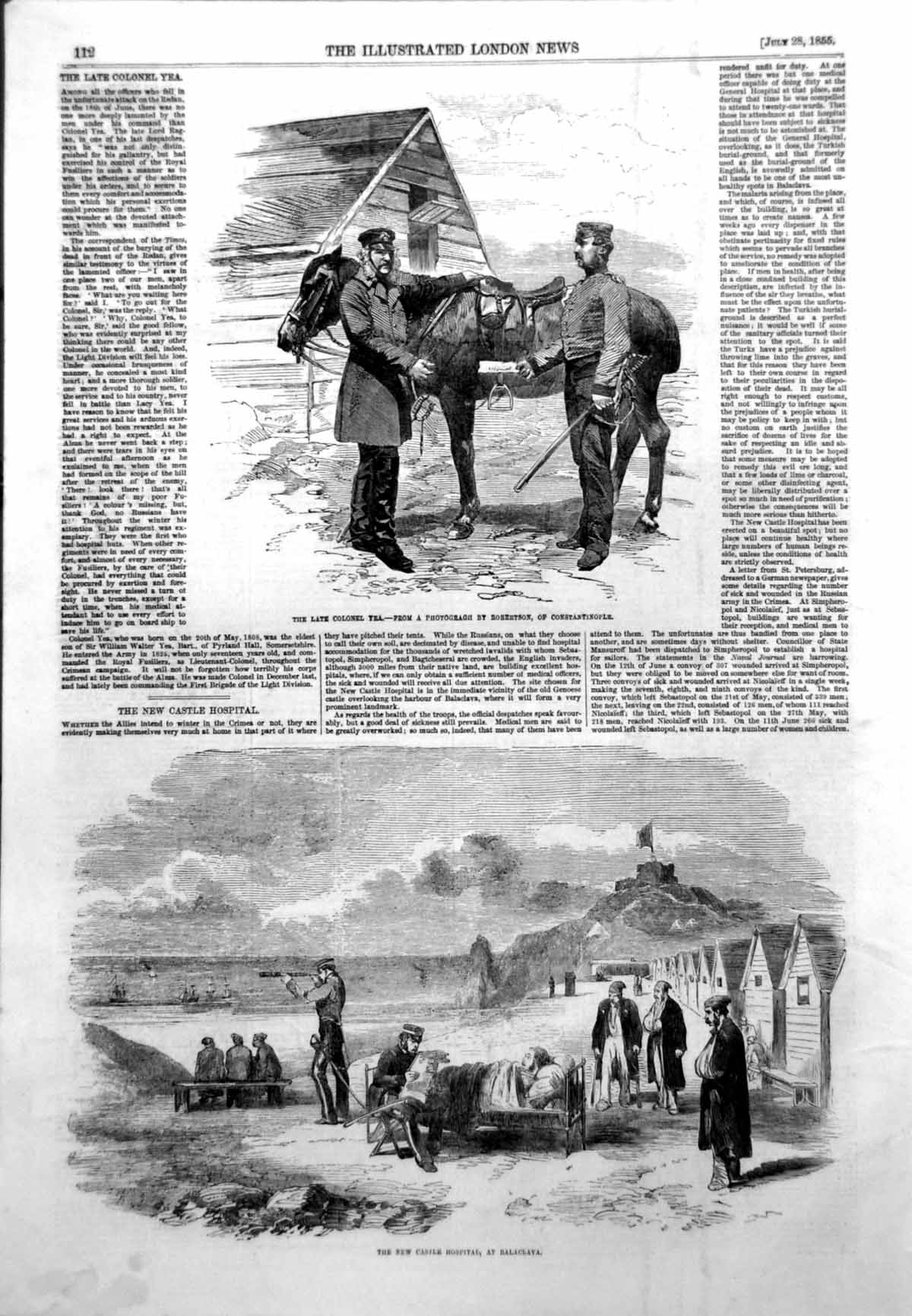 Original Old Antique Print New Castle Hospital Balaclava Late Colonel Yea 1855