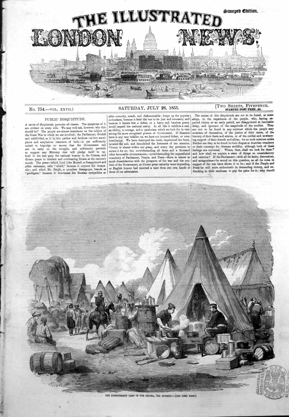 Original Old Antique Print Commissariat Camp Crimea 3Rd Division Tents 1855