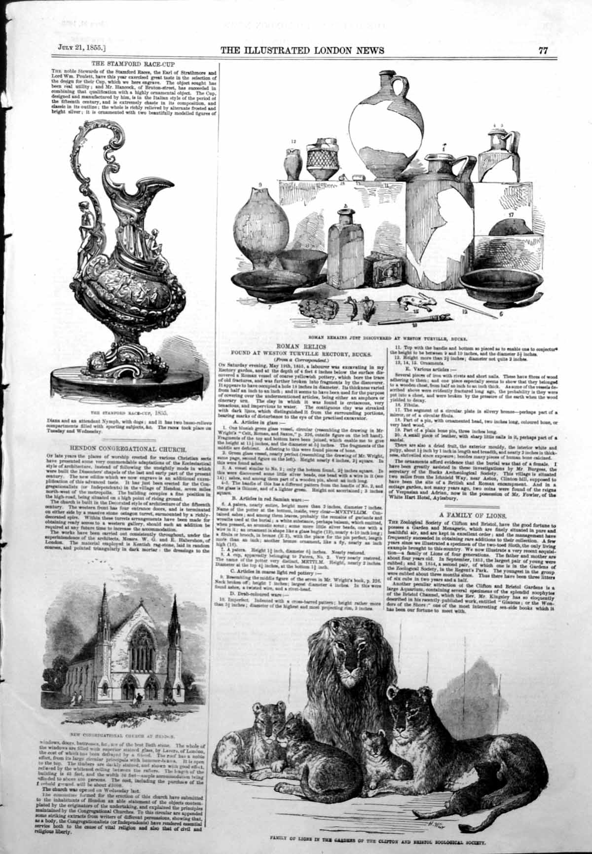 Original Old Antique Print Roman Remains Weston Turville New Church Hendon 1855