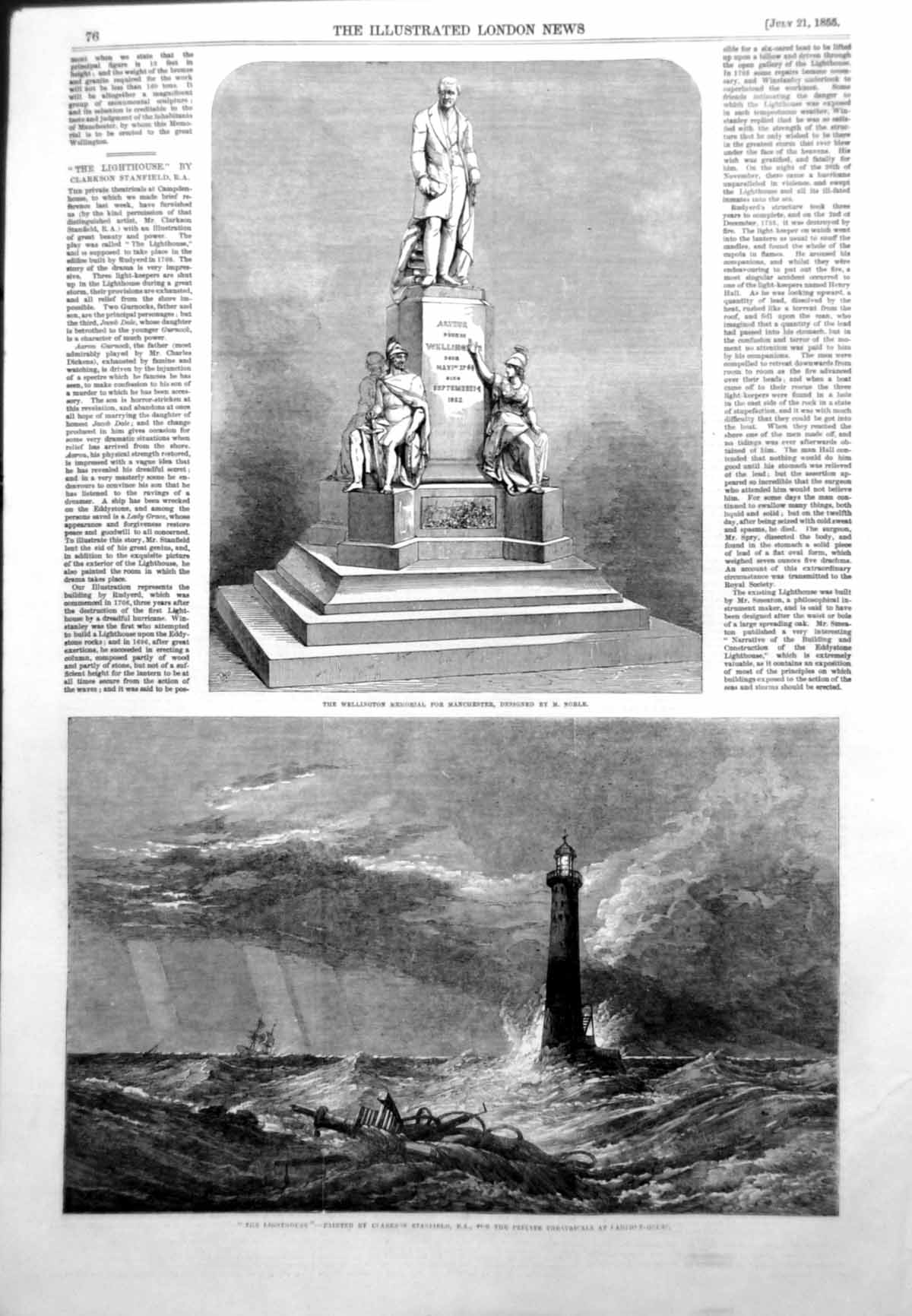 Antique Old Print Wellington Memorial Manchester Lighthouse C Stanfield 1855