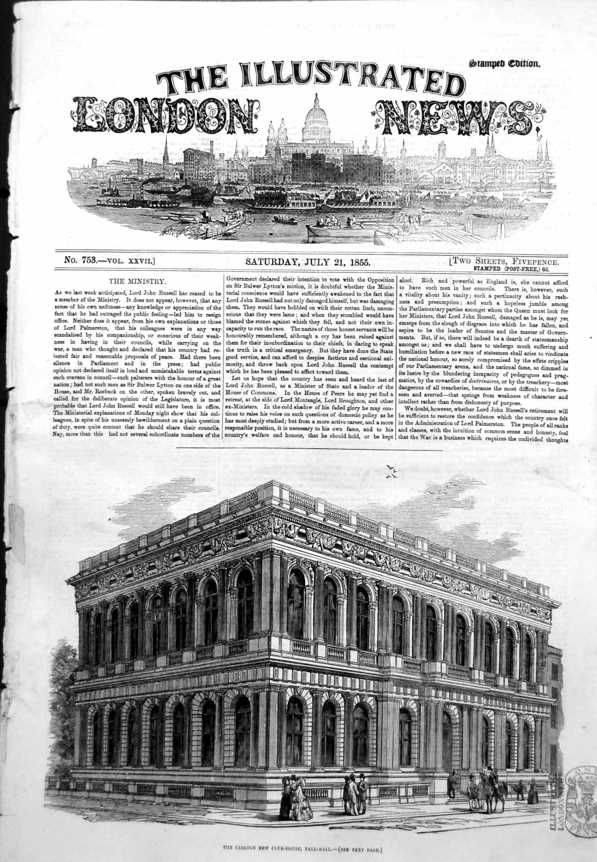 Original Old Antique Print Carlton New Club-House Pall-Mall Exterior 1855 19th