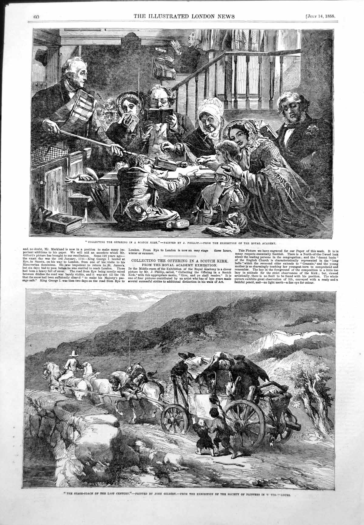 Antique Print Collecting Offering Scotch Kirk Stage-Coach Last Century 1855