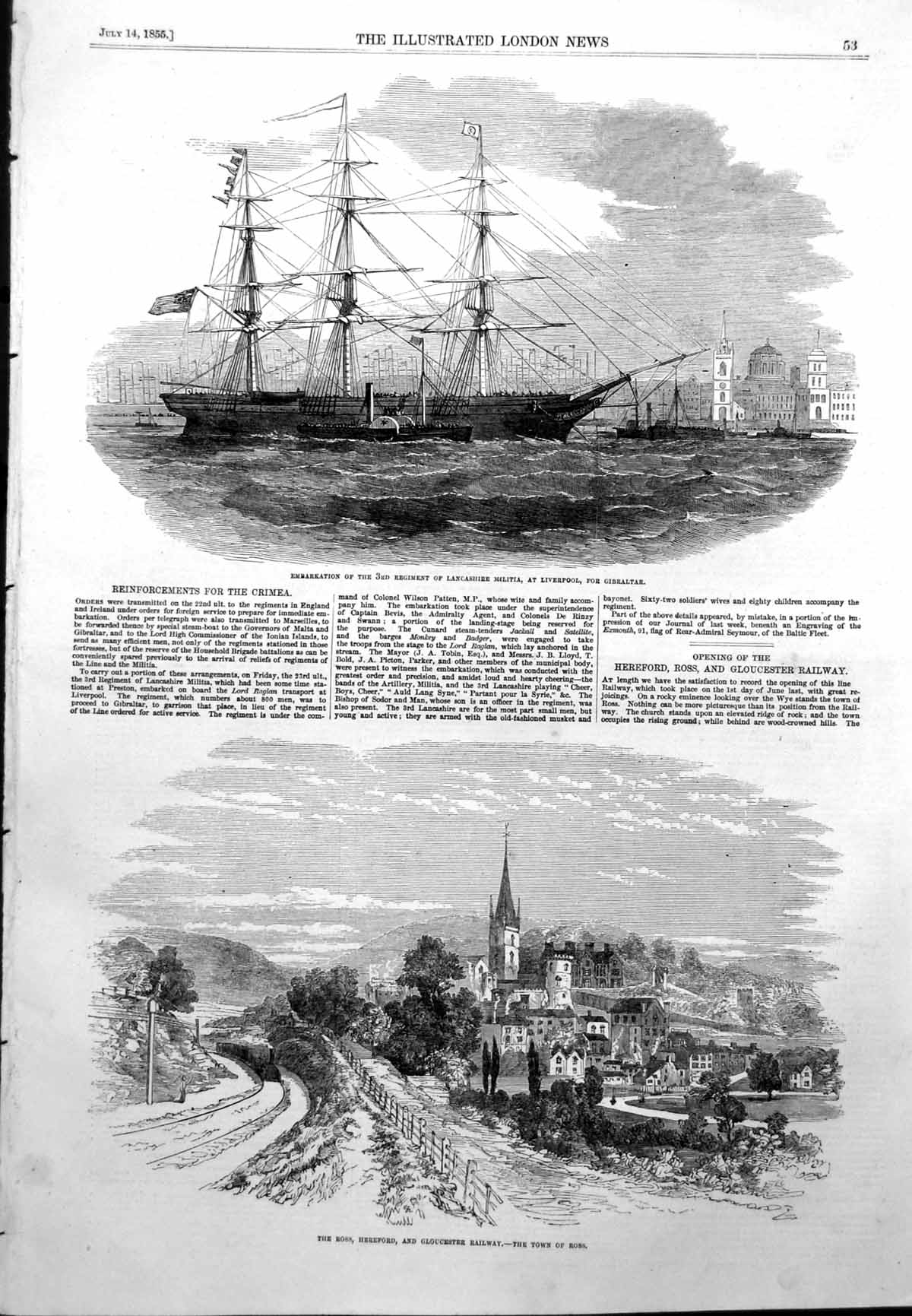 Antique Old Print Ross Hereford Gloucester Raiway Embarkation Lancashire 1855