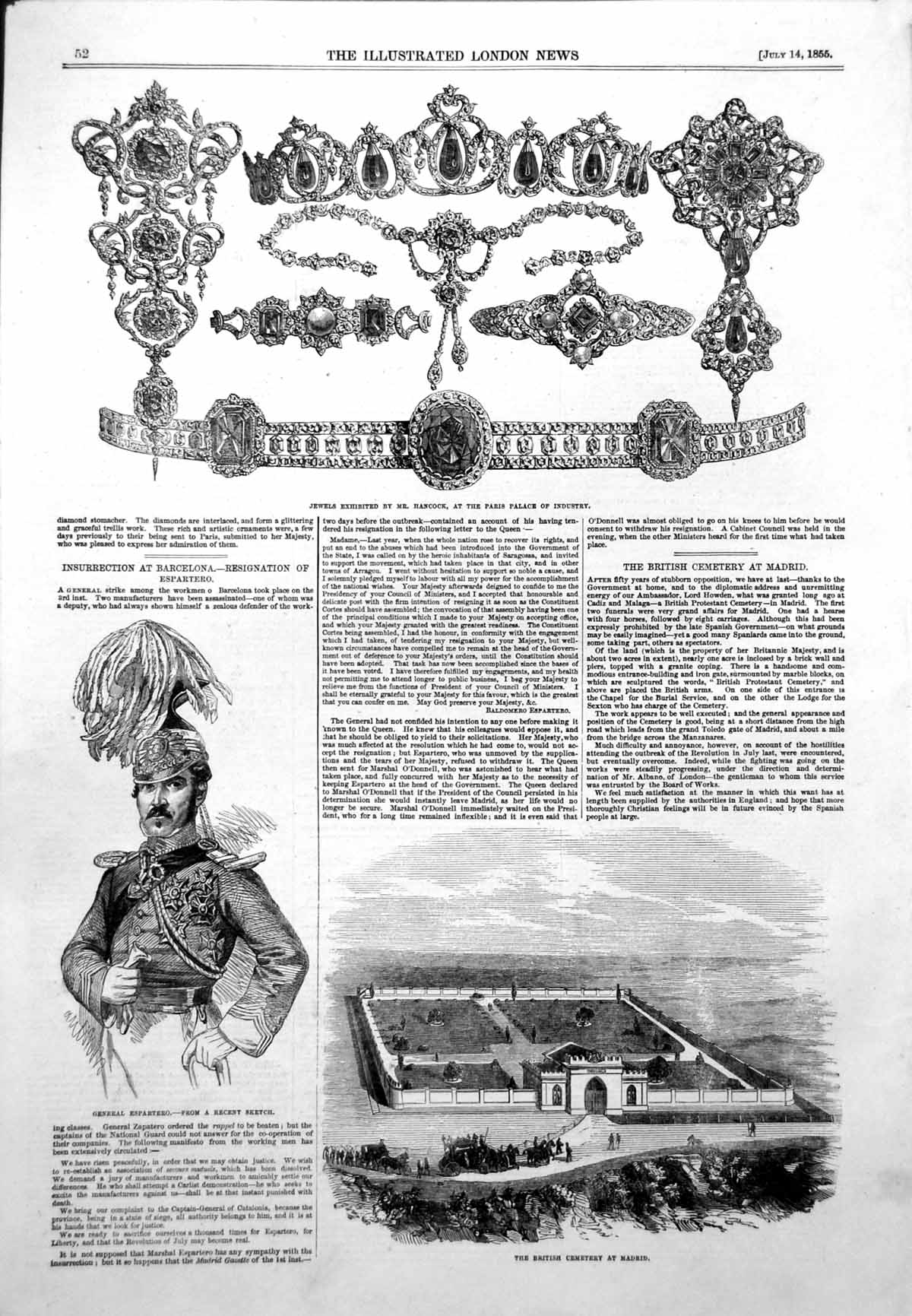 Old Print Gen Espartero British Cemetery Madrid Jewels Hancock Paris 1855 19th