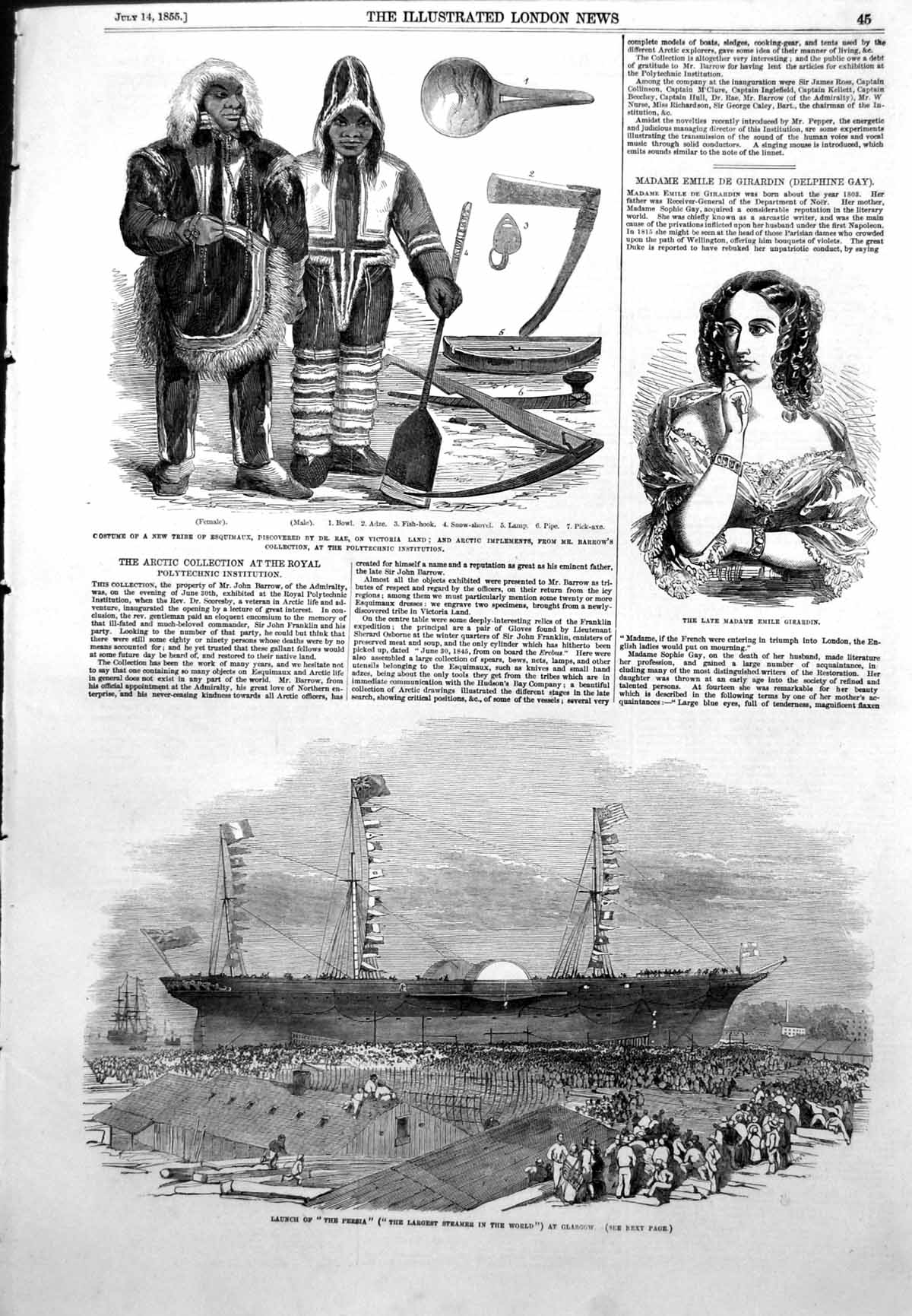 Antique Old Print Launch Persia Glasgow Madame Emile Girardin Esquimaux 1855