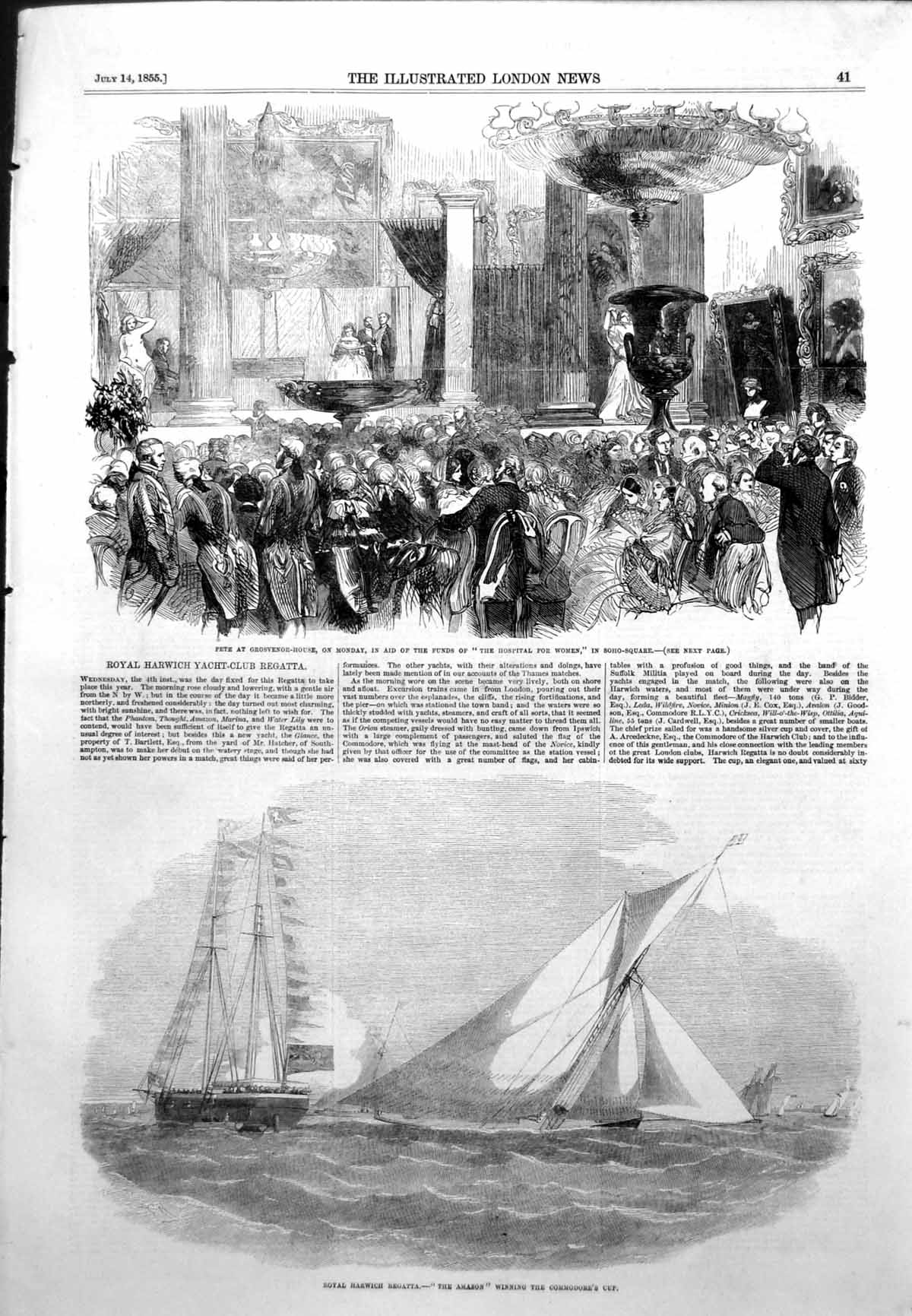 Antique Old Print Fete Grosvenor House Hospital Royal Harwich Regatta 1855 19th