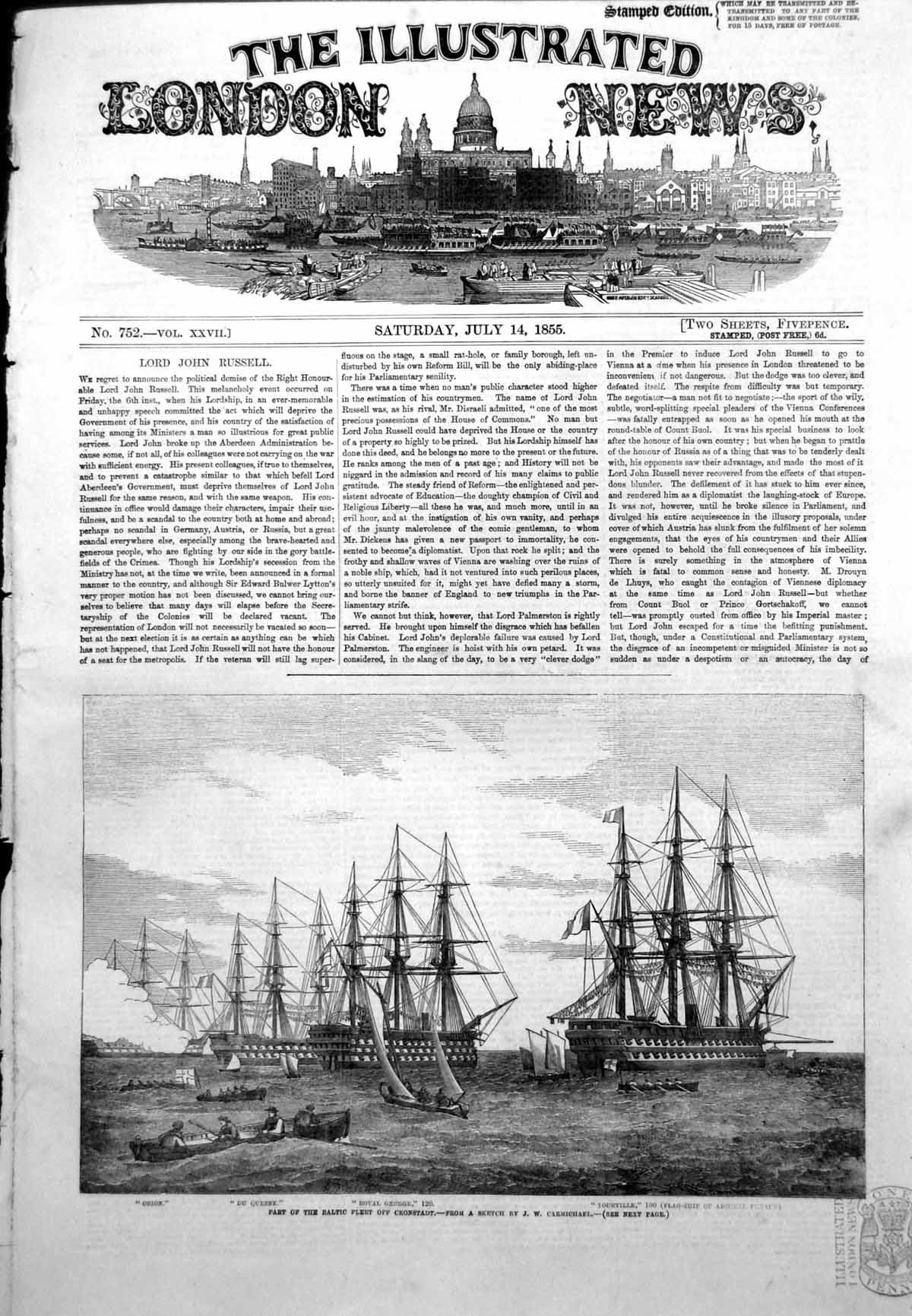 Antique Old Print Baltic Fleet Cronstadt Royal George Orion Tourville 1855 19th