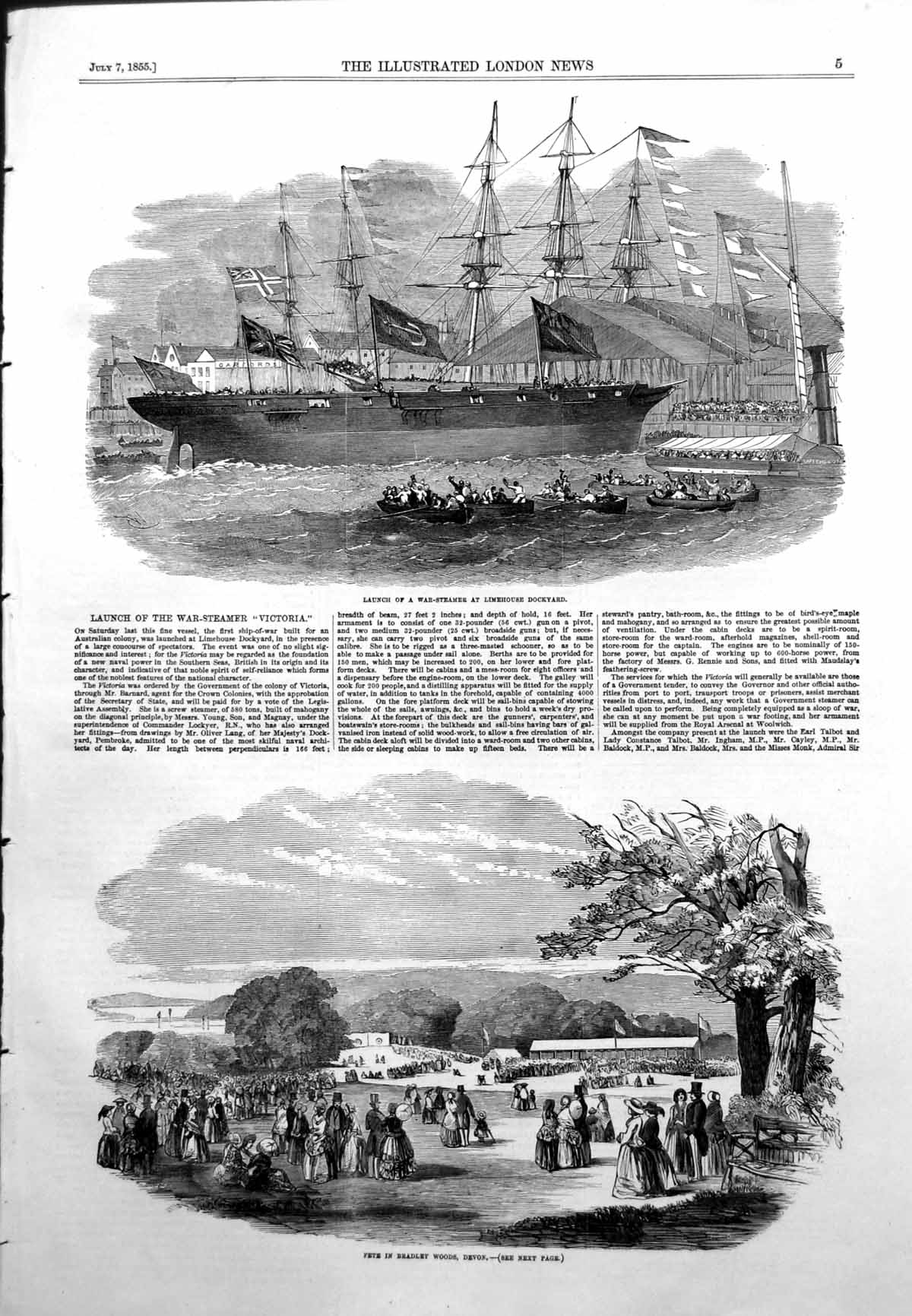 Antique Old Print Fete Bradley Woods Devon Launch War Steamer Victoria 1855
