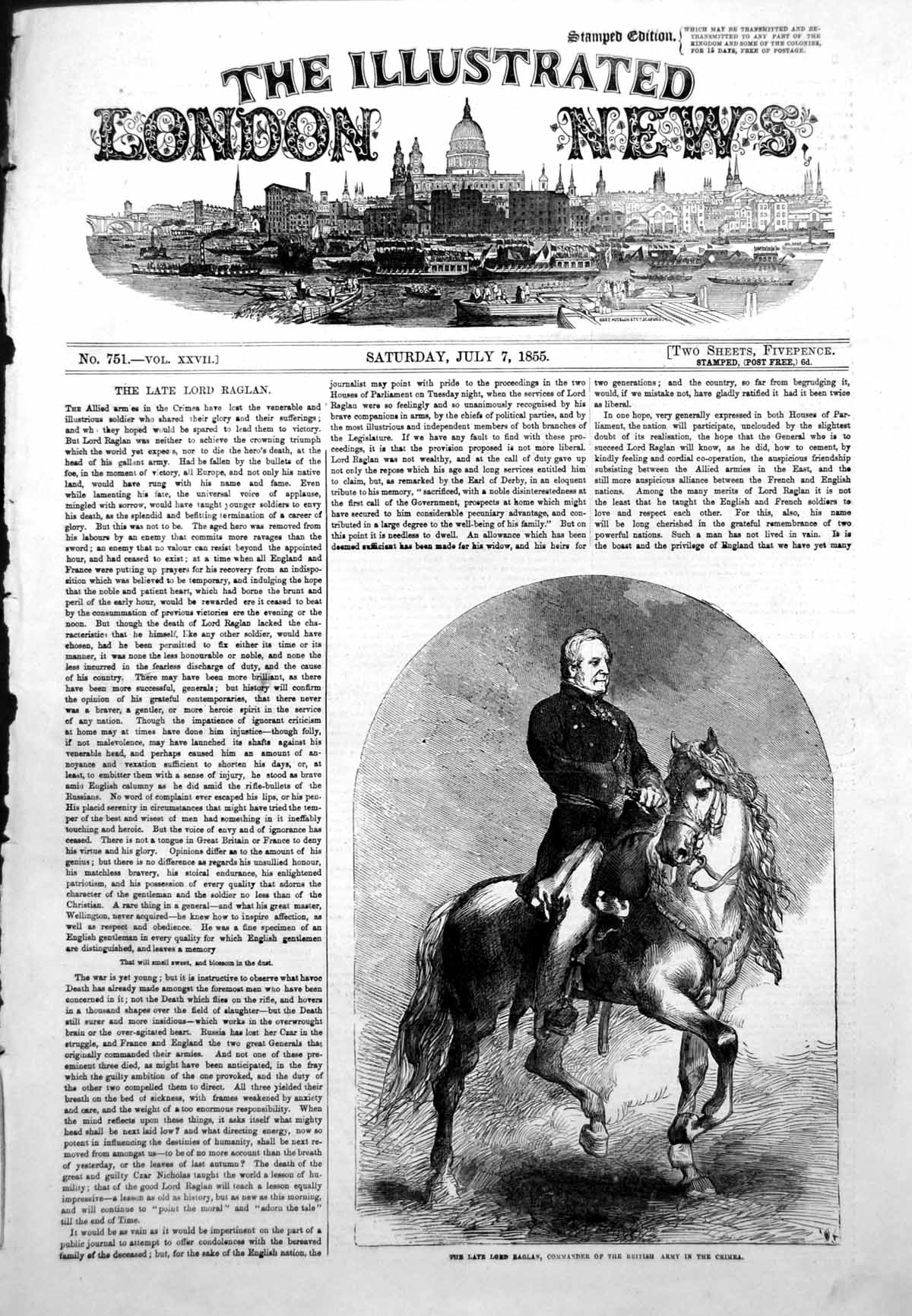 Original Old Antique Print Late Lord Raglan Commander British Army Crimea 1855