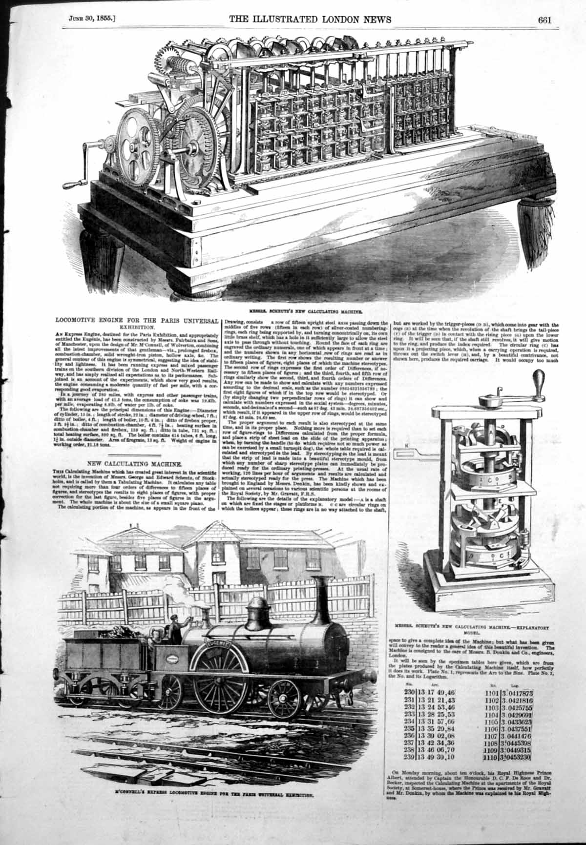 Antique Print Scheutzs Calculating Machine Locomotive Engine Paris Ex 1855 19th