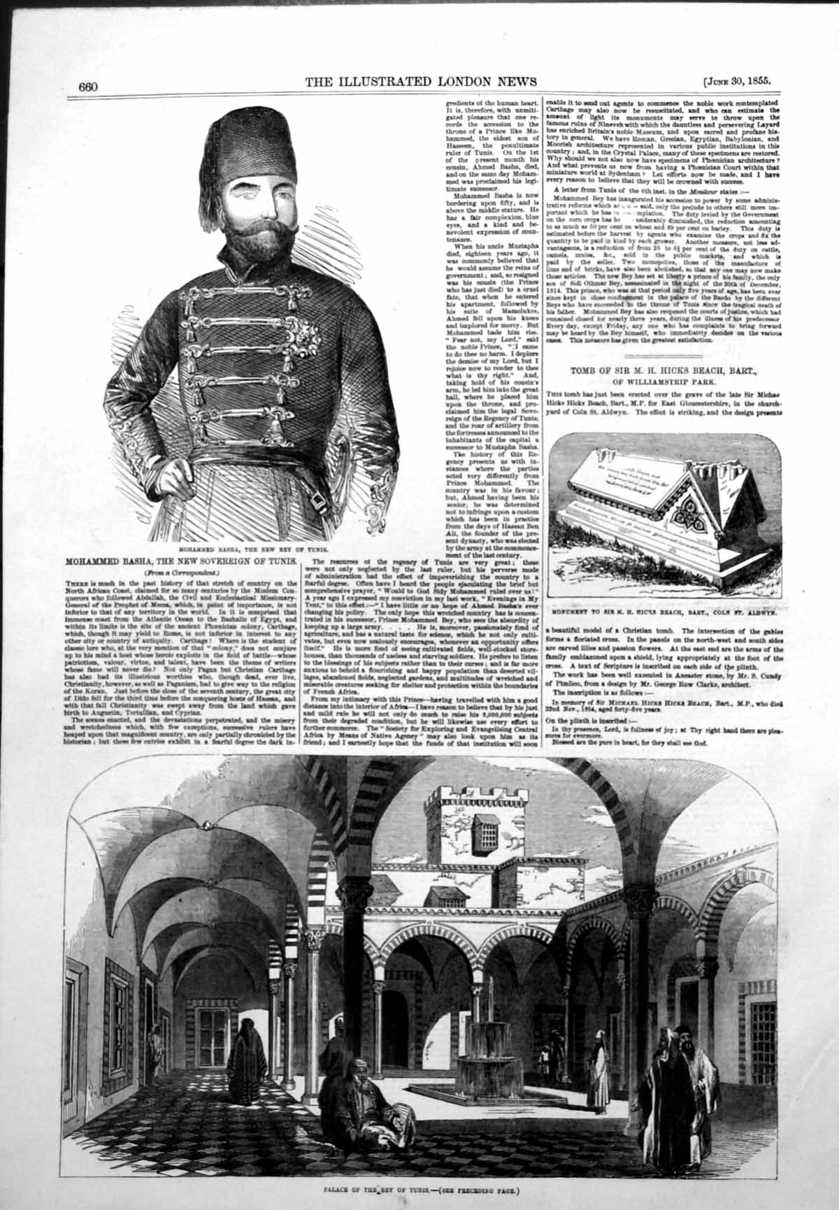 Antique Old Print Mohammed Basha New Bey Tunis Palace Monument M Beach 1855
