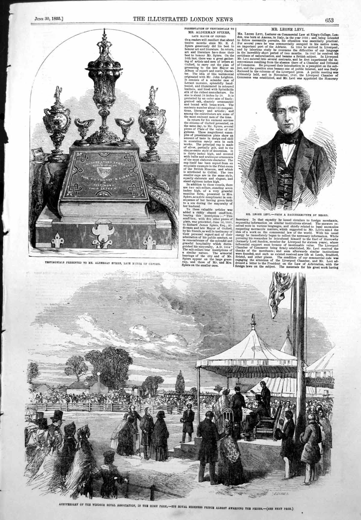 Old Print Windsor Royal Association Prince Albert Prizes Leone Levi 1855 19th