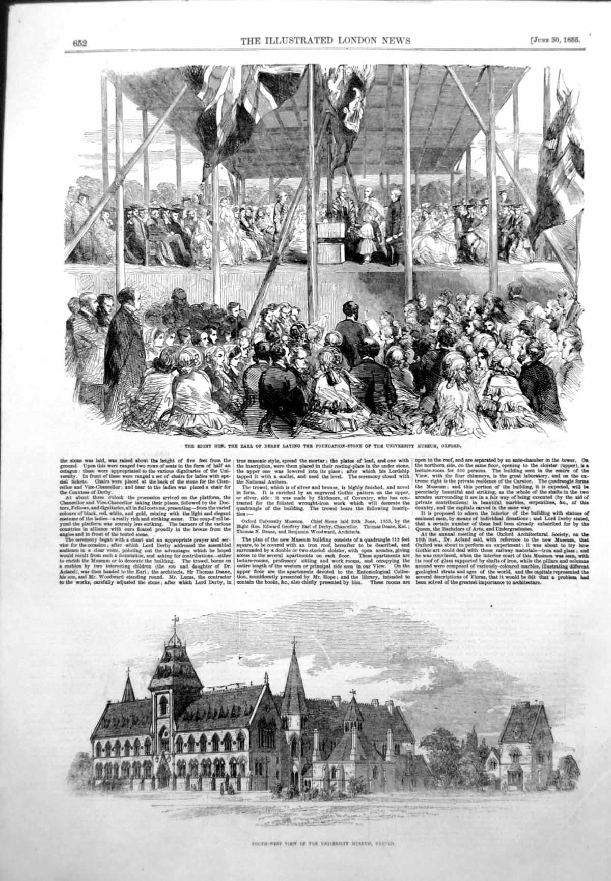 Antique Old Print Earl Derby Foundation Stone University Museum Oxford 1855