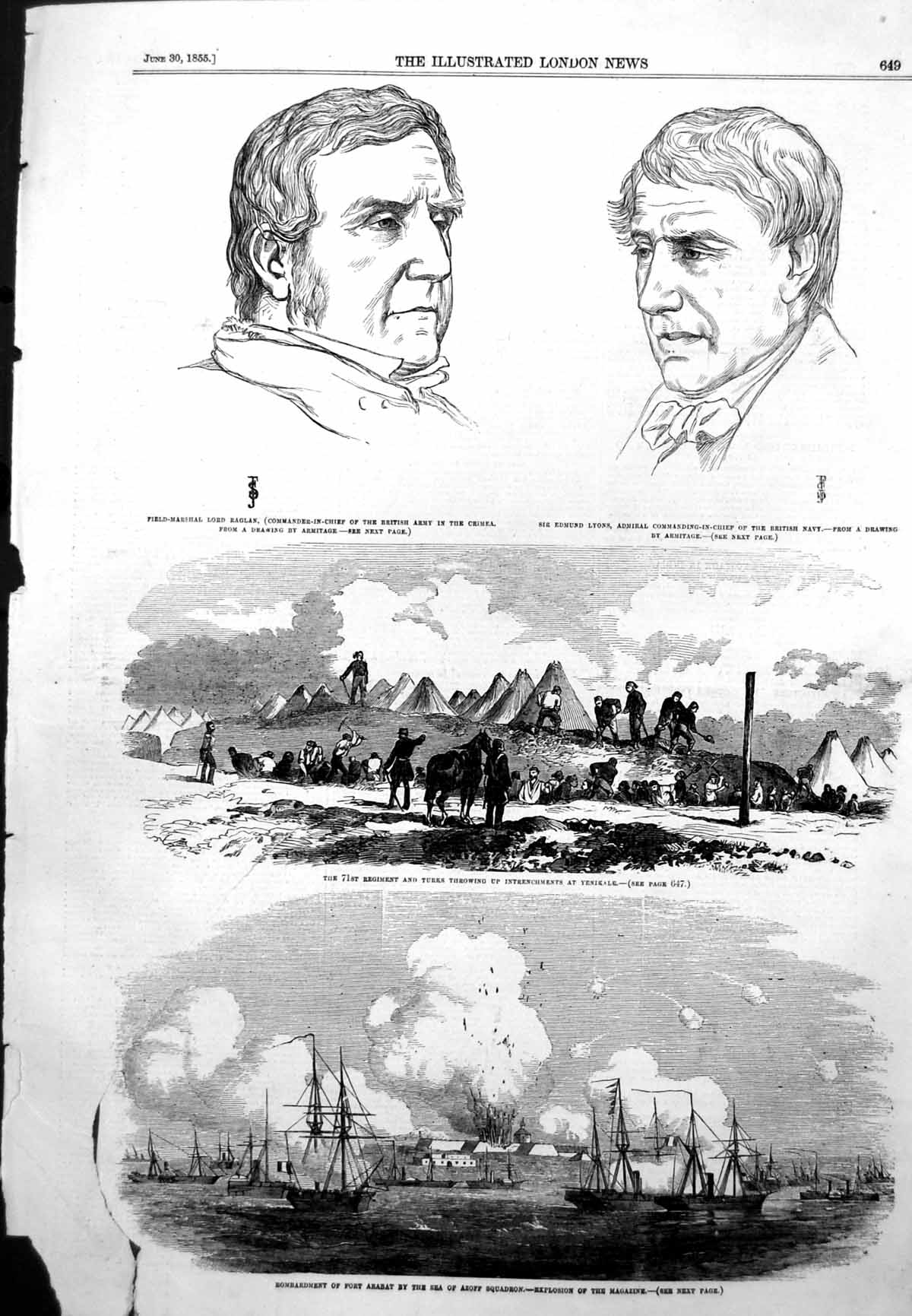 Antique Old Print Bombardment Fort Arabat Lord Raglan Edmund Lyons Crimea1855