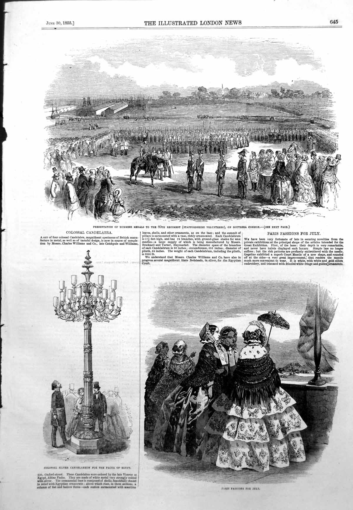 Antique Print Burmese Medals Staffordshire Volunteers Candelabra Pasha1855 19th