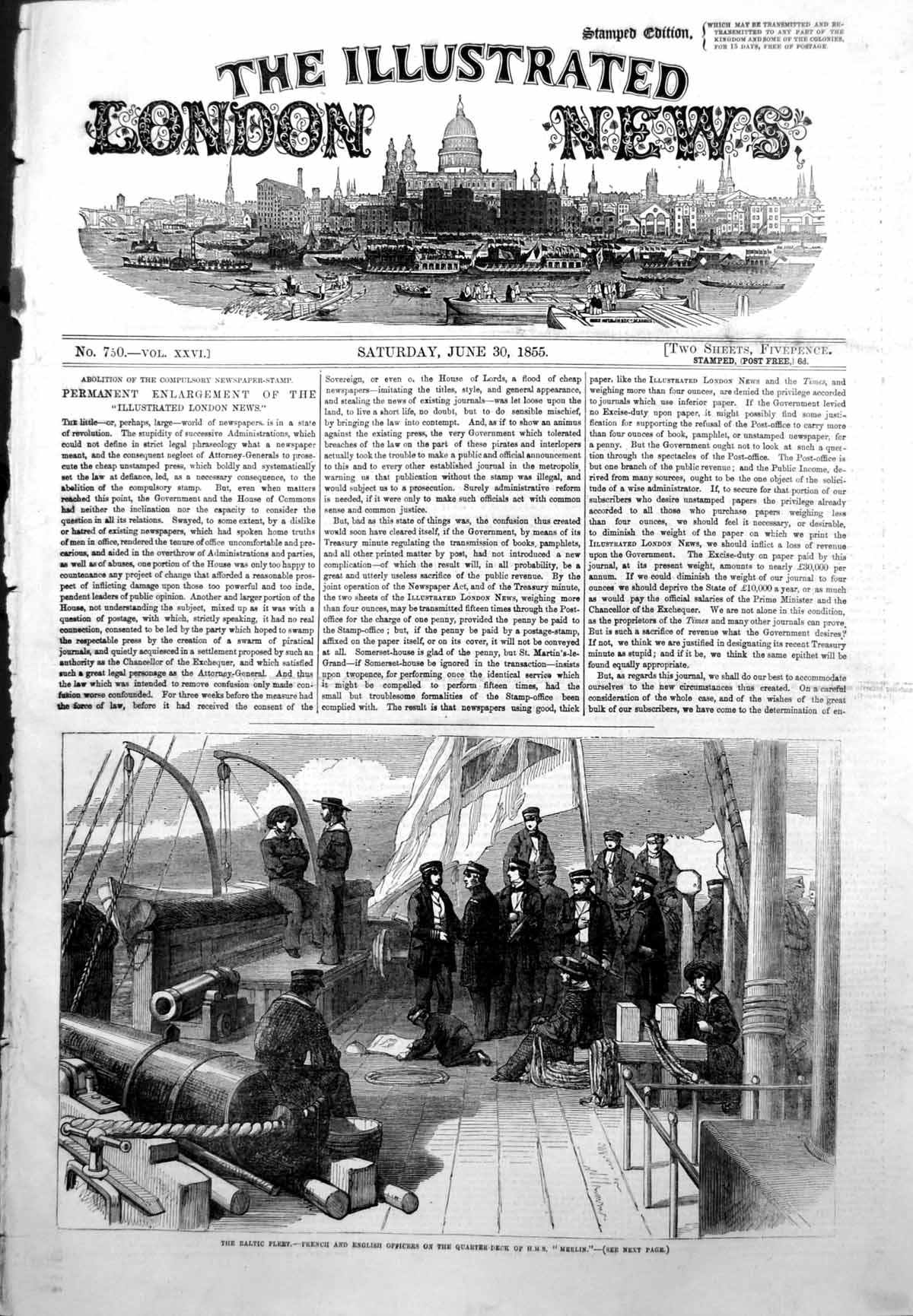 Antique Old Print Baltic Fleet French English Officers Deck Hms Merlin 1855