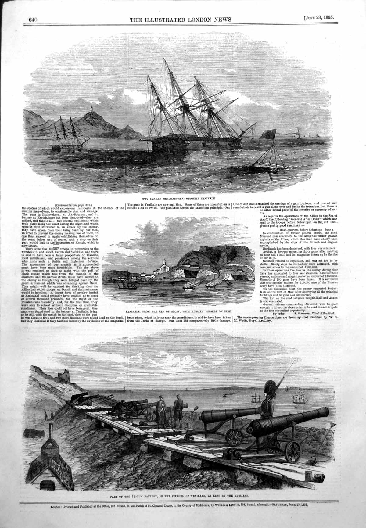Antique Old Print Sunken Ships Yenikale Russian Vessels Fire Sea Azoff 1855